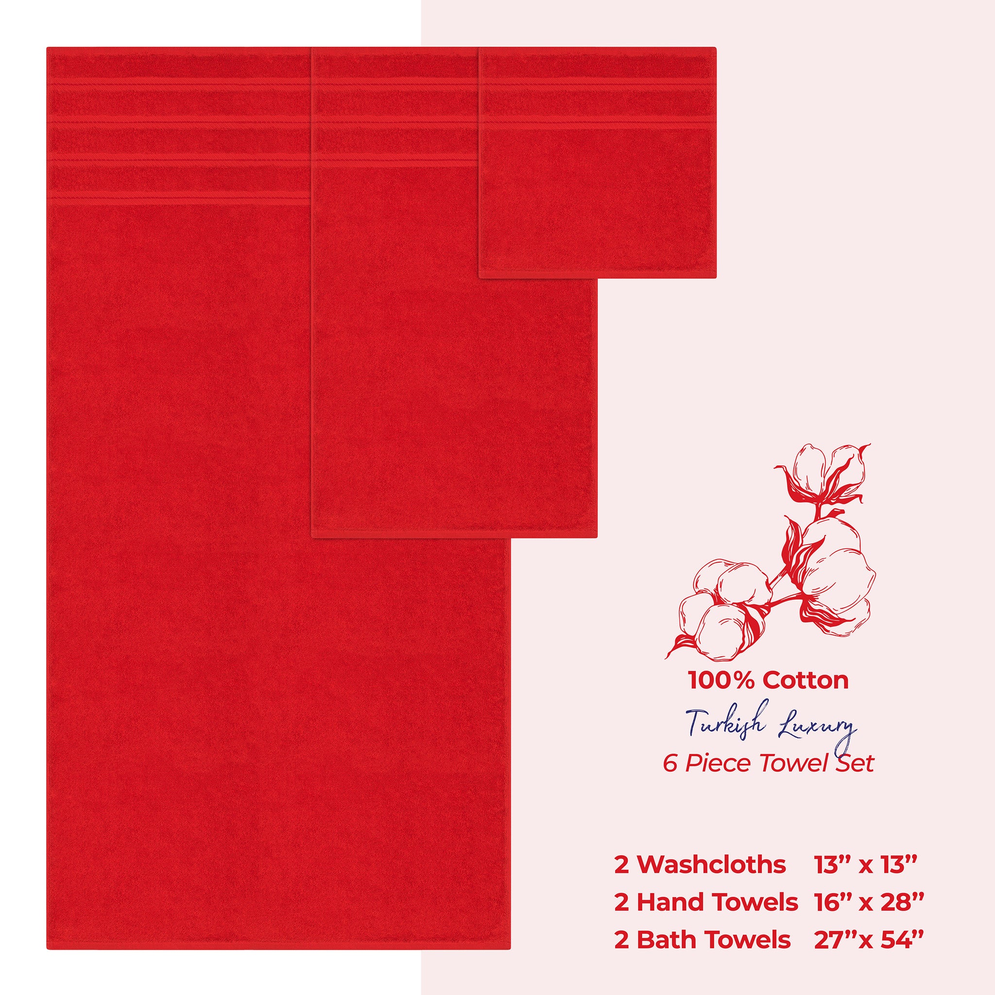 American-softlinen 6 Piece Best Bath Towels Set 100% Cotton Turkish Towels with 20 Different Colors Red-4