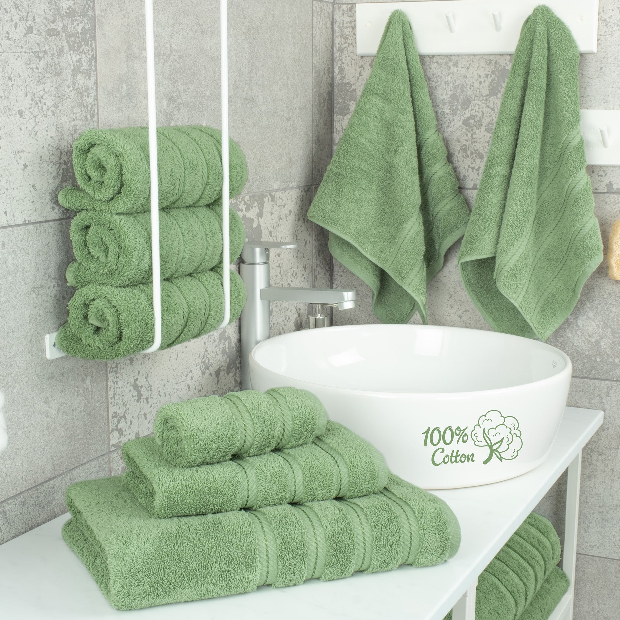 American-softlinen 6 Piece Best Bath Towels Set 100% Cotton Turkish Towels with 20 Different Colors Sage-Green-2