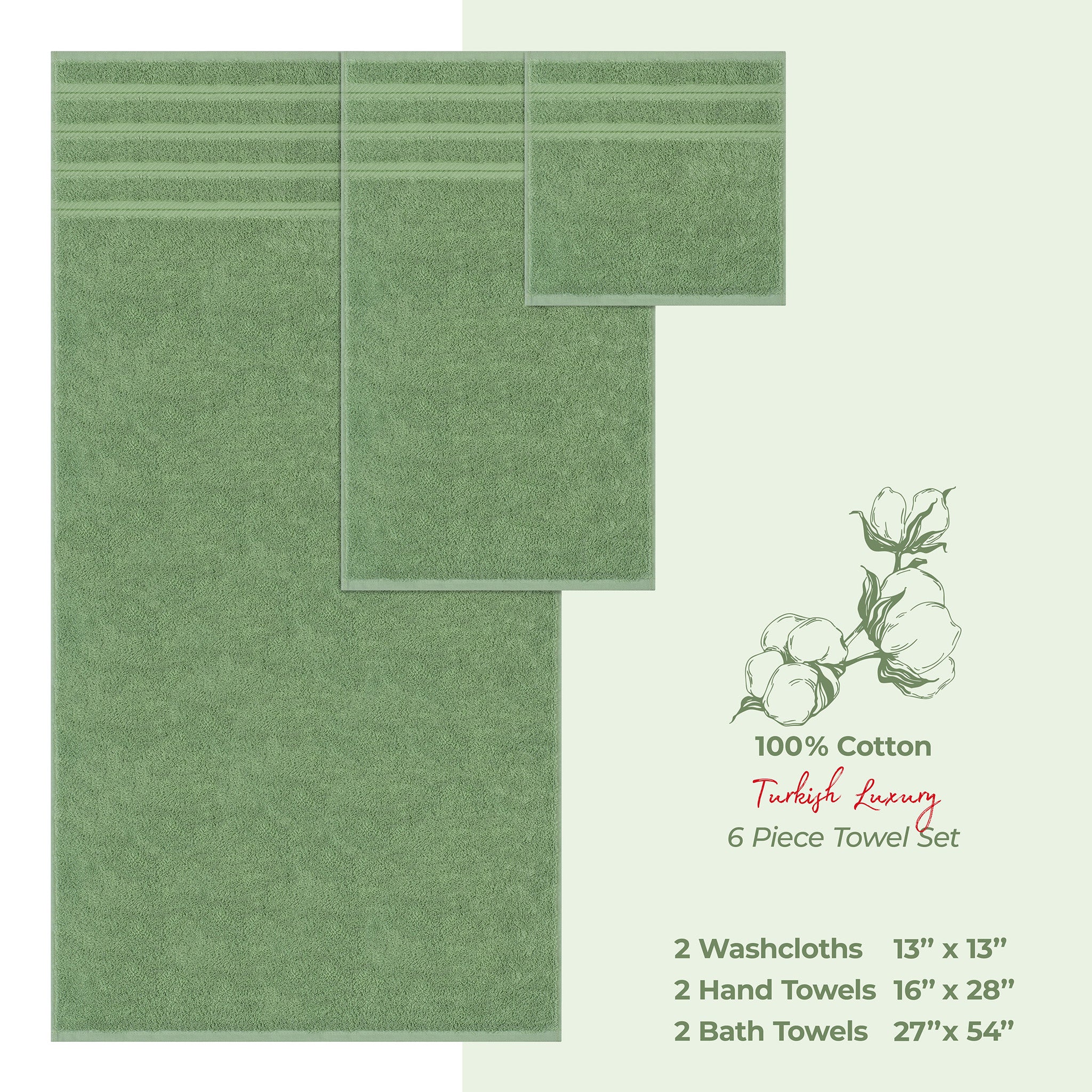 American-softlinen 6 Piece Best Bath Towels Set 100% Cotton Turkish Towels with 20 Different Colors Sage-Green-4