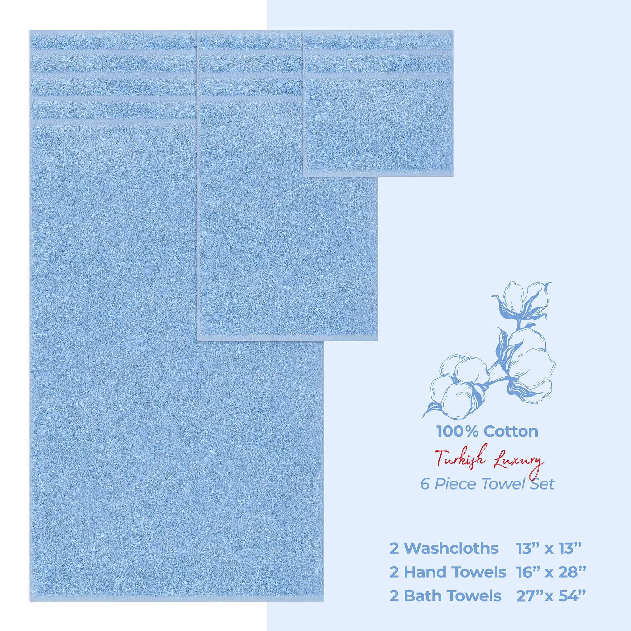American-softlinen 6 Piece Best Bath Towels Set 100% Cotton Turkish Towels with 20 Different Colors Sky-Blue-4
