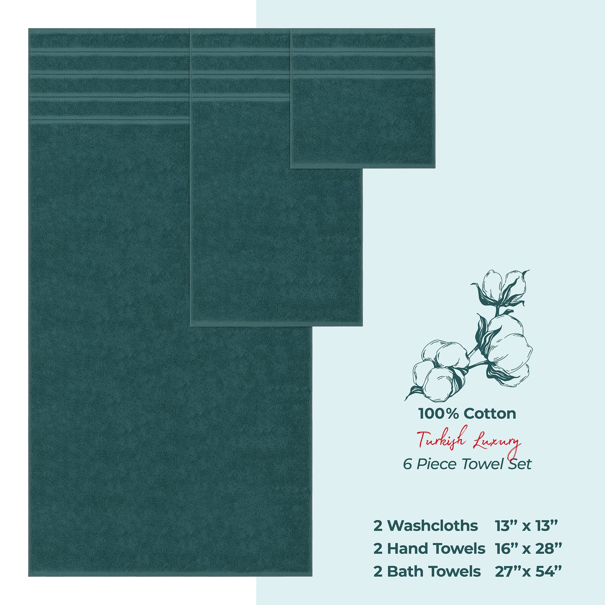 American-softlinen 6 Piece Best Bath Towels Set 100% Cotton Turkish Towels with 20 Different Colors Teal-4