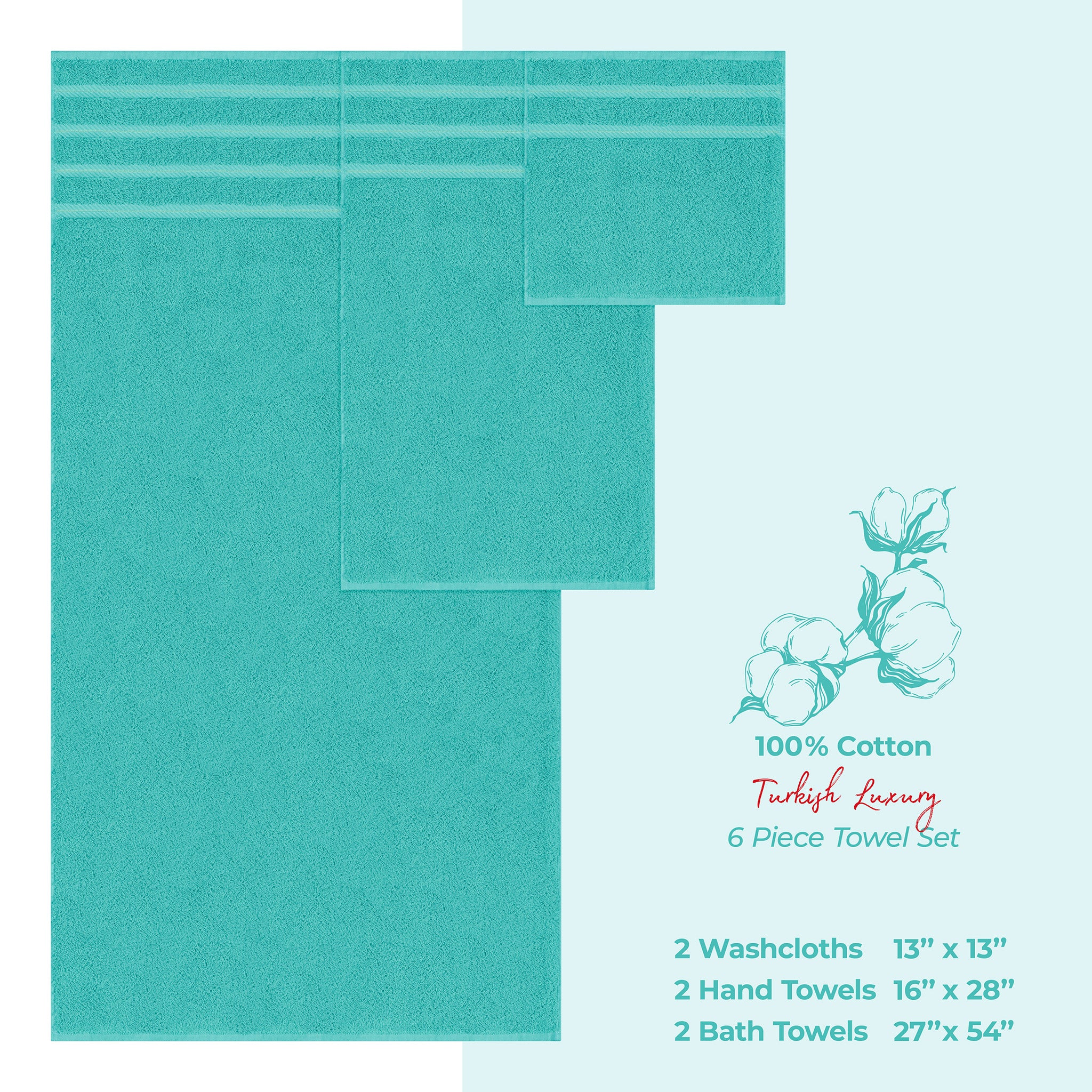 American-softlinen 6 Piece Best Bath Towels Set 100% Cotton Turkish Towels with 20 Different Colors Turquoise-Blue-4