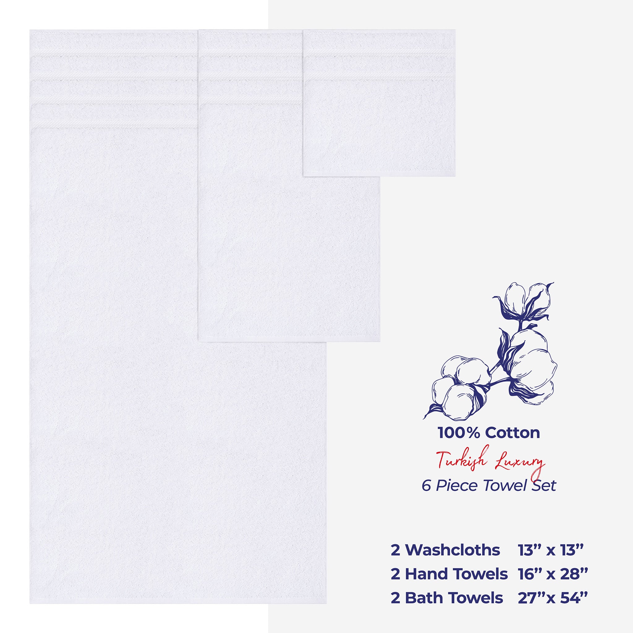 American-softlinen 6 Piece Best Bath Towels Set 100% Cotton Turkish Towels with 20 Different Colors White-4