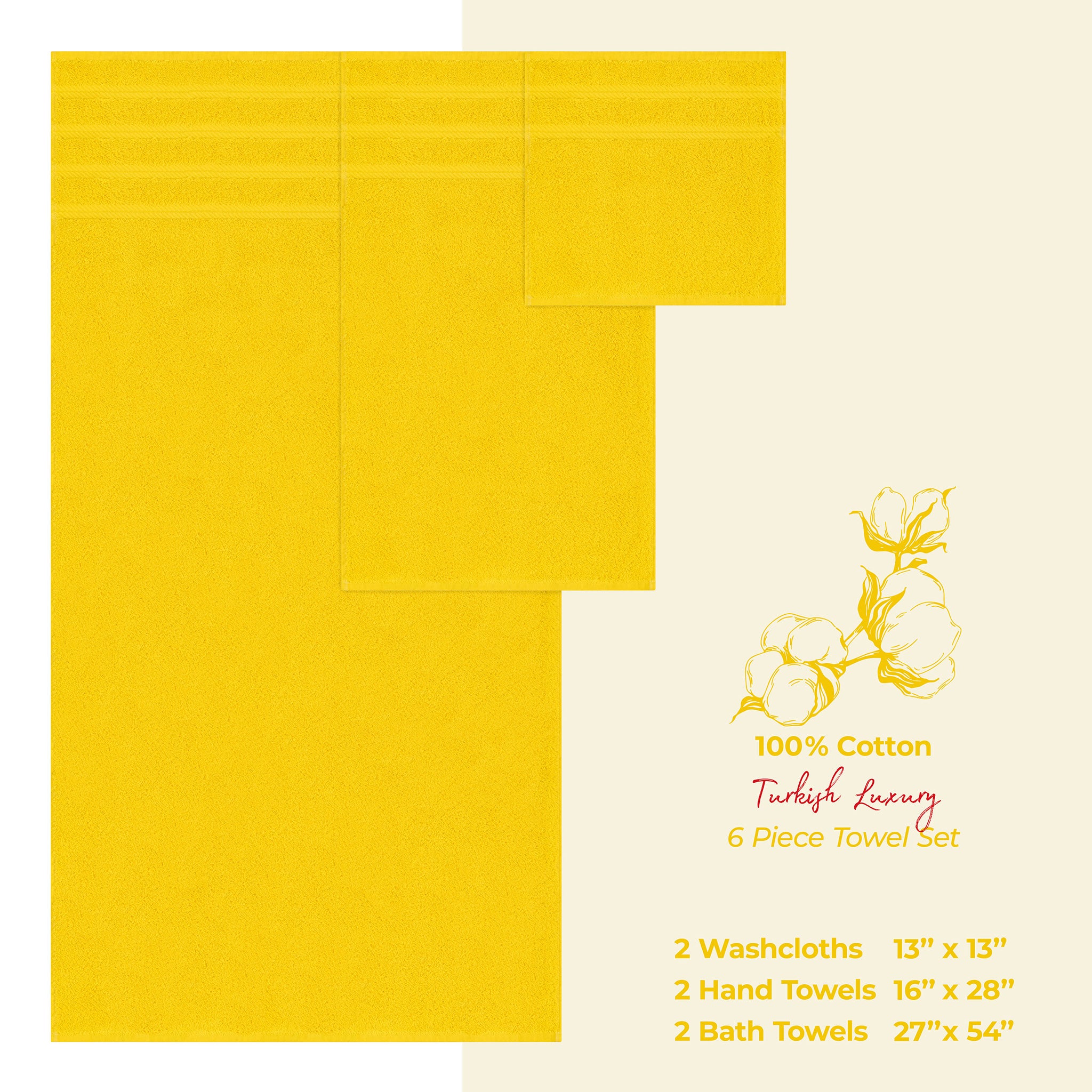American-softlinen 6 Piece Best Bath Towels Set 100% Cotton Turkish Towels with 20 Different Colors Yellow-4