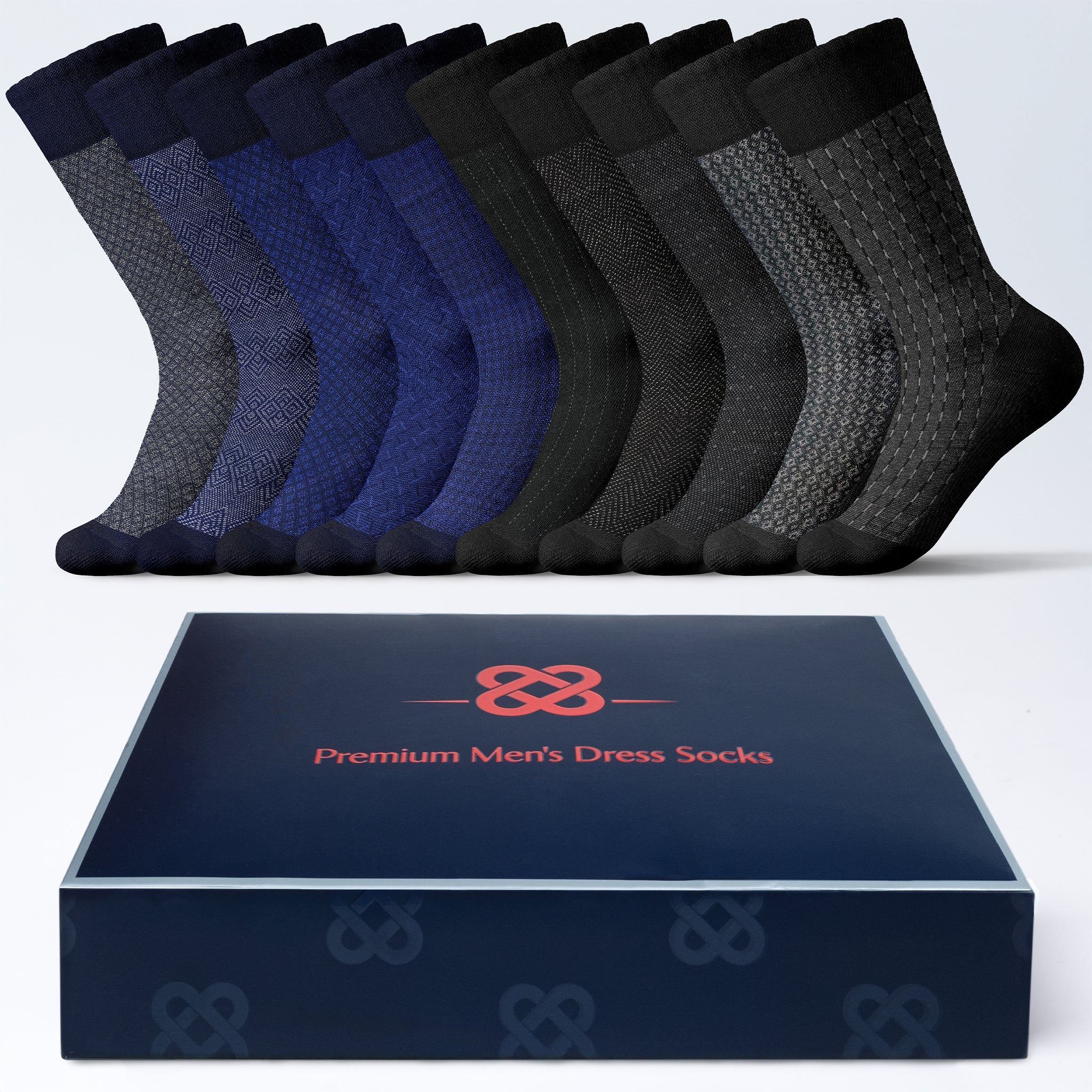 American-softlinen men’s luxury patterned crew dress socks in premium gift box organizer, Mix color,  5 pack black + 5 pack blue