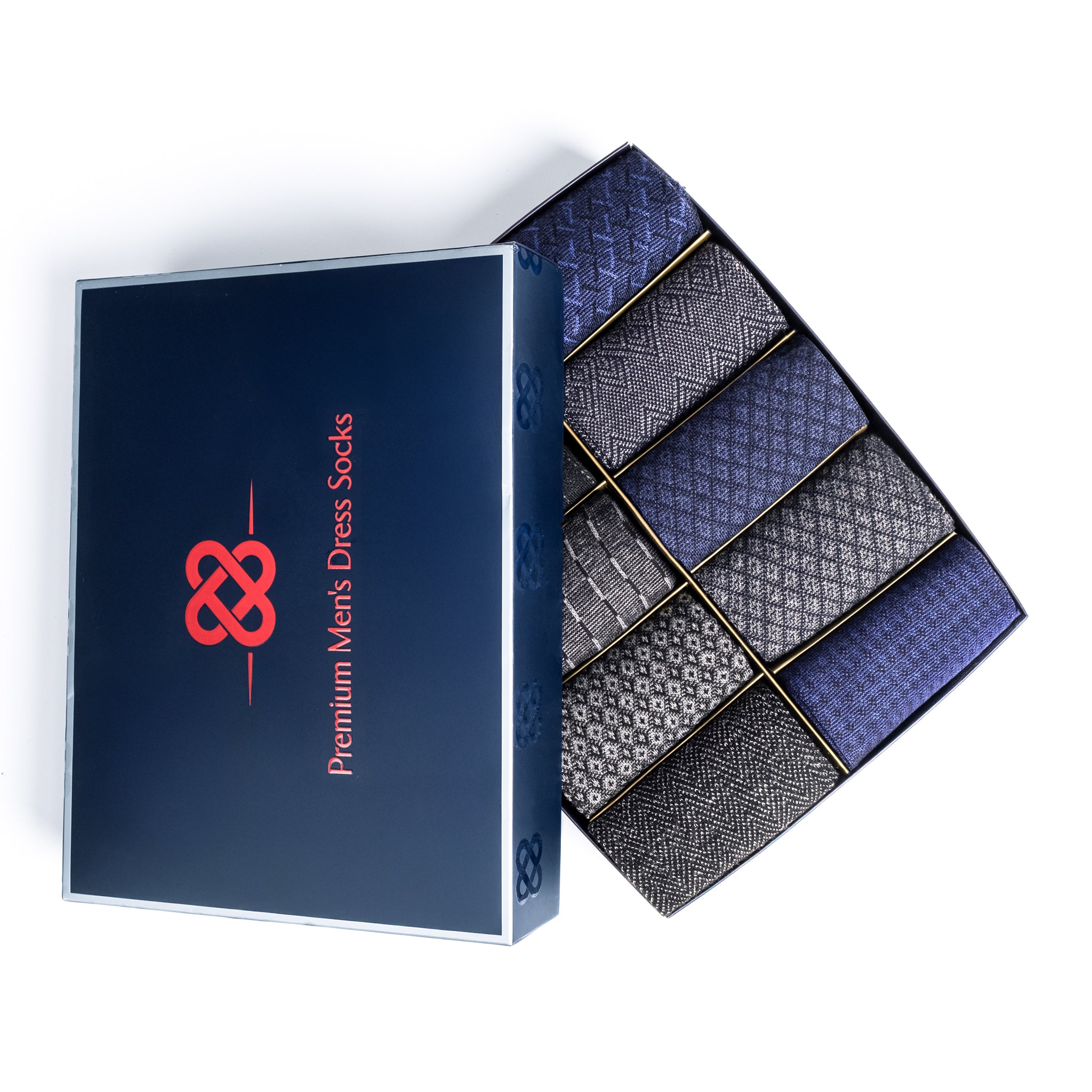 American-softlinen men’s luxury patterned crew dress socks in premium gift box organizer, Mix color,  5 pack black + 5 pack blue