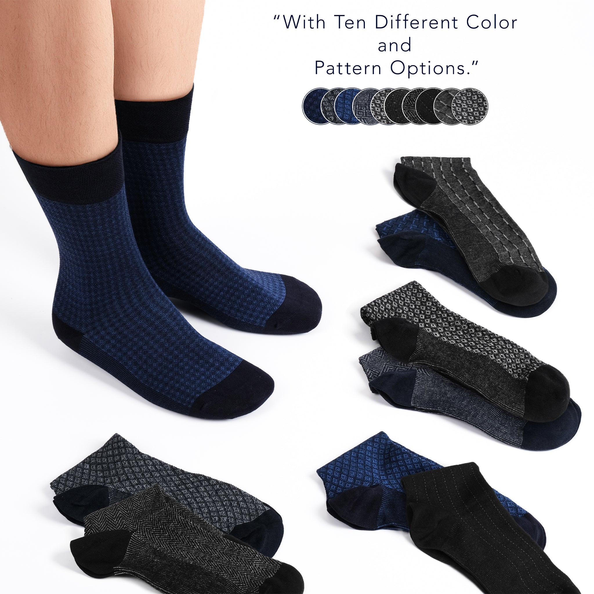 American-softlinen men’s luxury patterned crew dress socks in premium gift box organizer, Mix color,  5 pack black + 5 pack blue