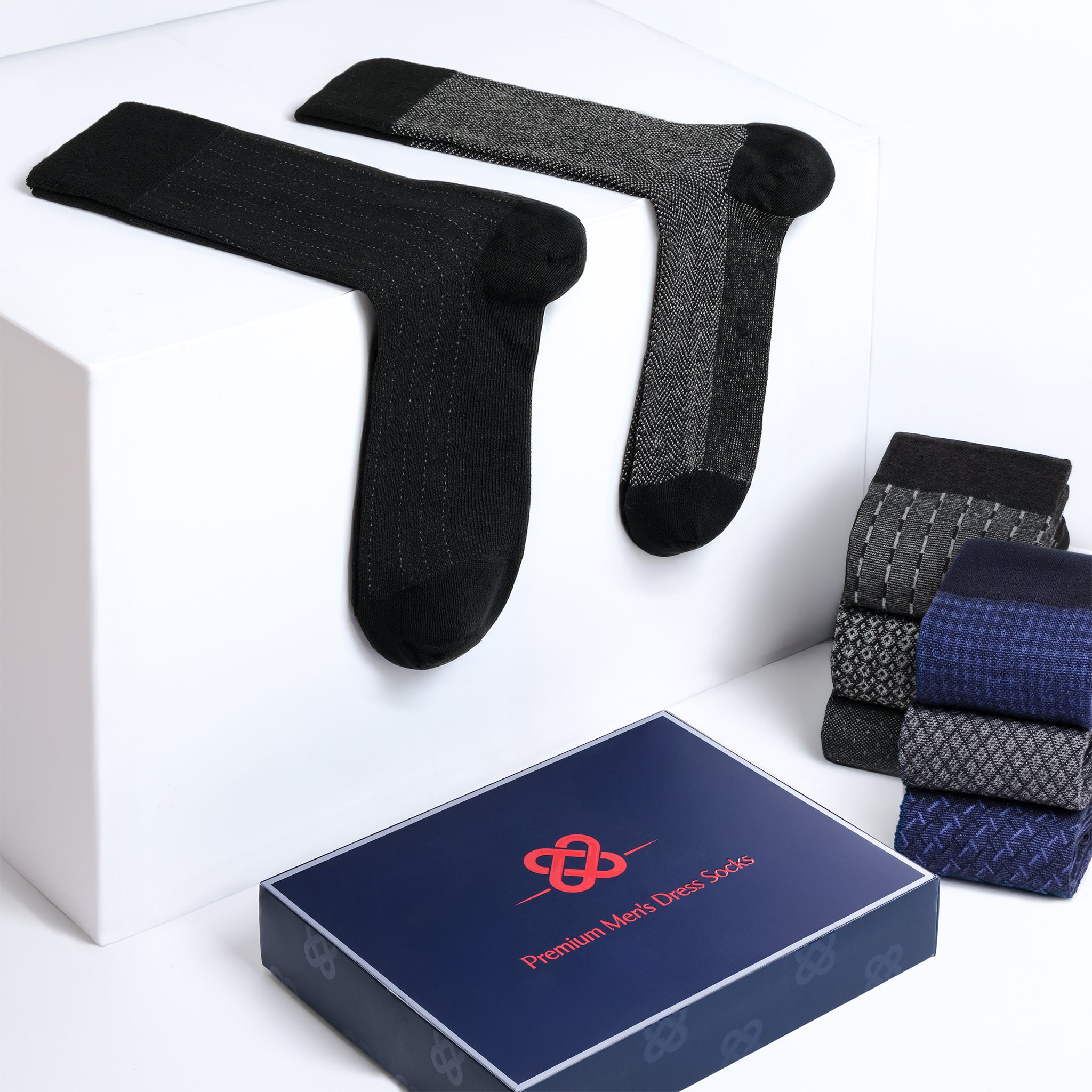 American-softlinen men’s luxury patterned crew dress socks in premium gift box organizer, Mix color,  5 pack black + 5 pack blue