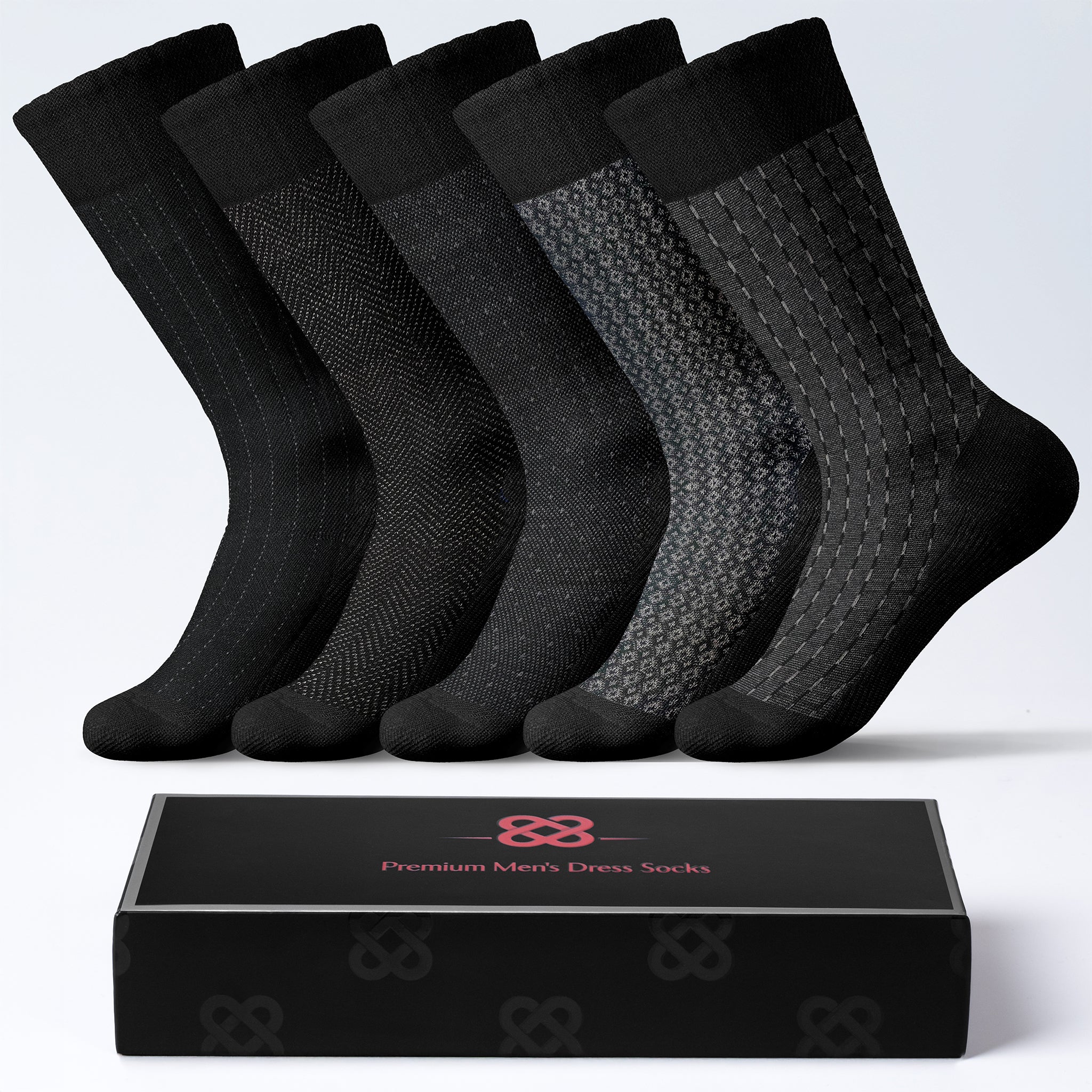 American-softlinen men’s luxury patterned crew dress socks in premium gift box organizer, 5 pack black