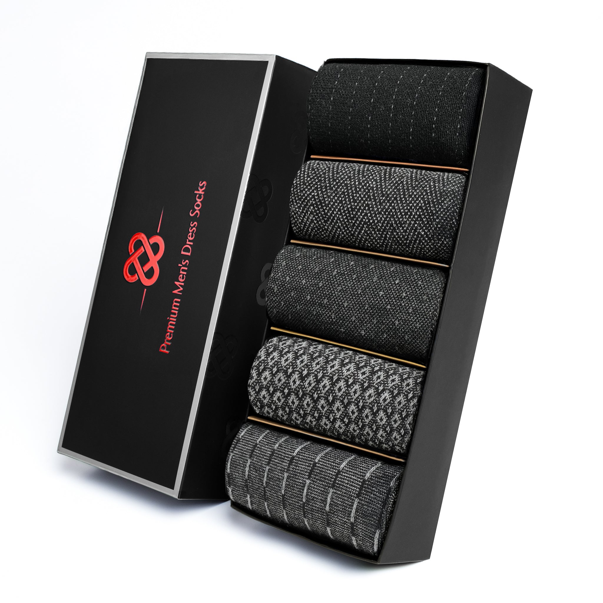 American-softlinen men’s luxury patterned crew dress socks in premium gift box organizer, 5 pack black