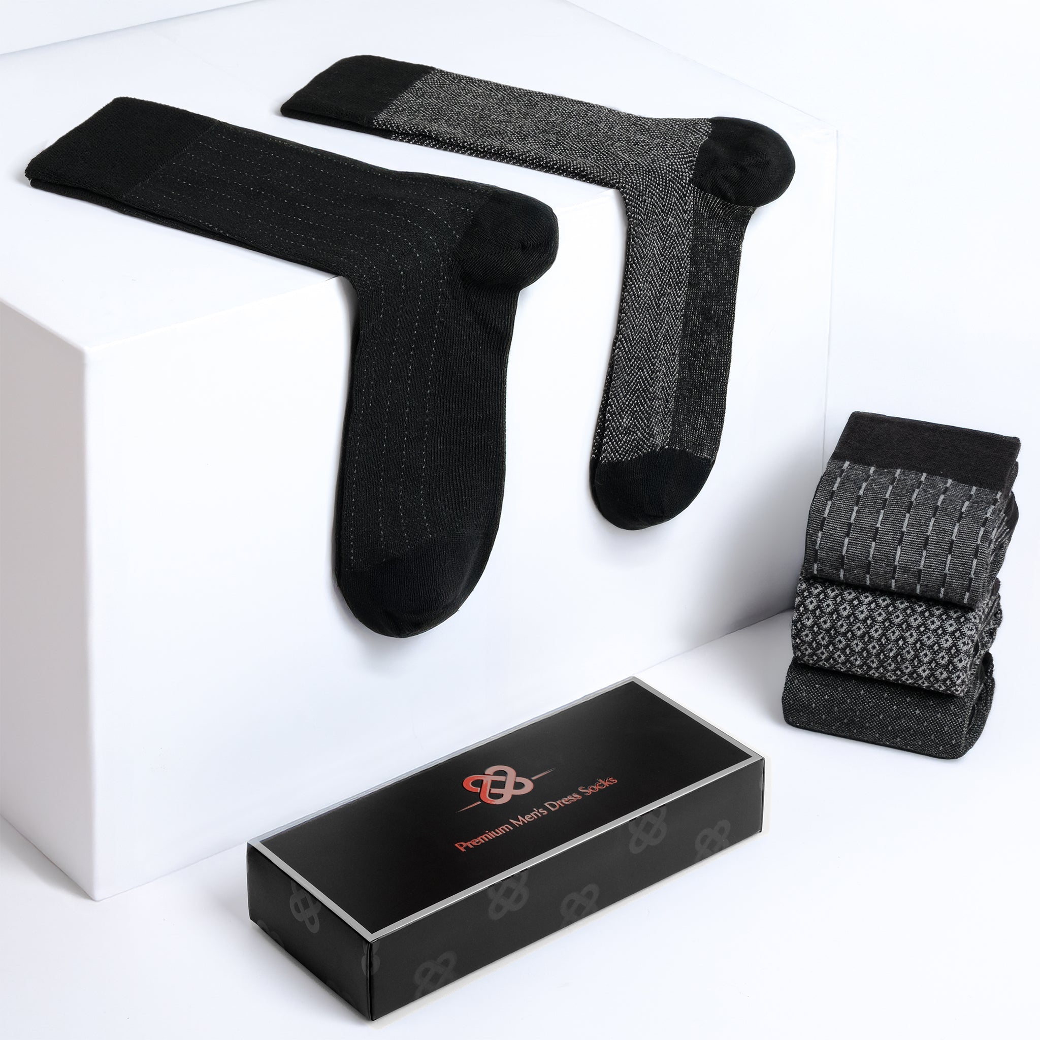 American-softlinen men’s luxury patterned crew dress socks in premium gift box organizer, 5 pack black