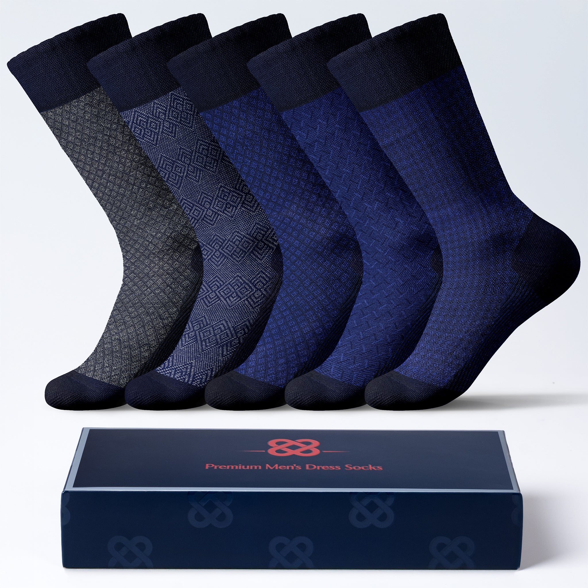 American-softlinen men’s luxury patterned crew dress socks in premium gift box organizer, 5 pack blue