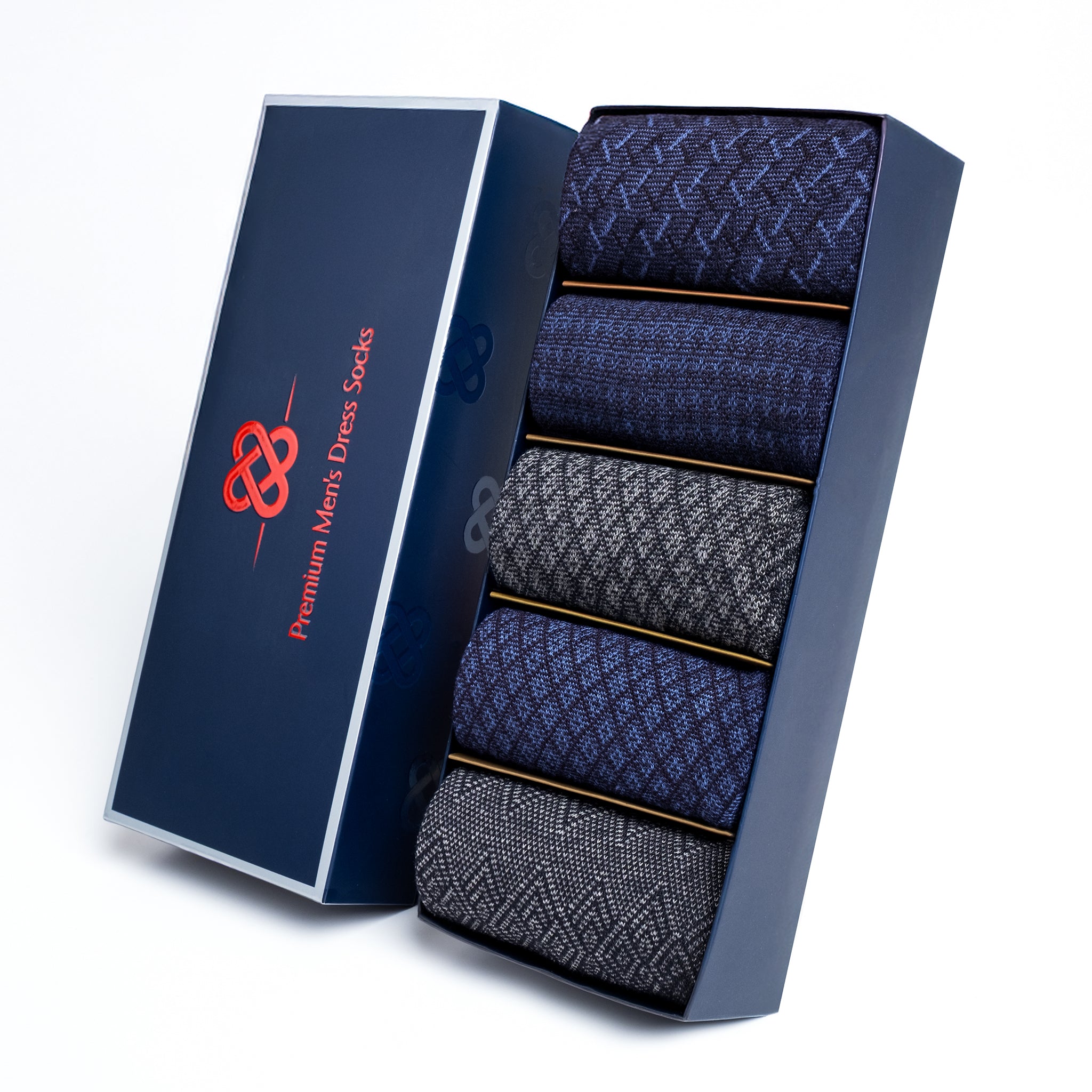 American-softlinen men’s luxury patterned crew dress socks in premium gift box organizer, 5 pack blue
