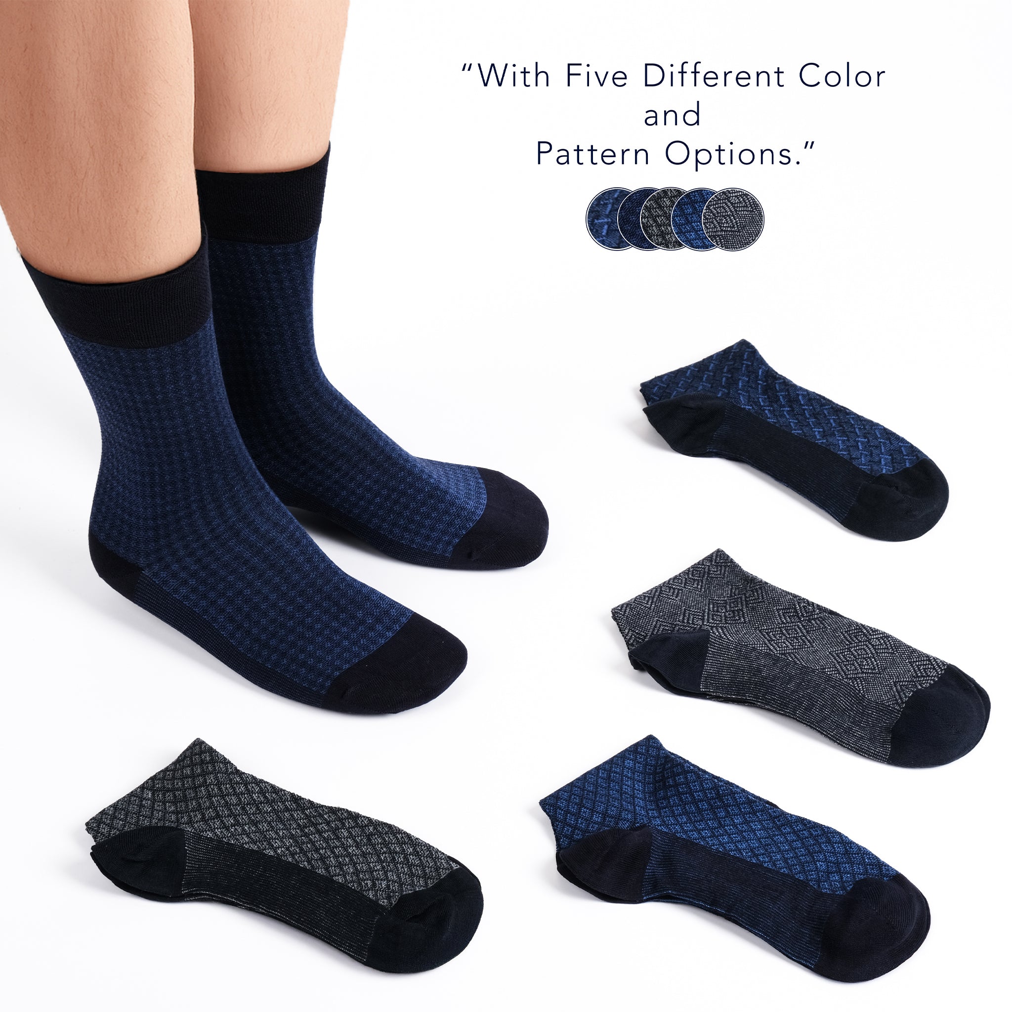 American-softlinen men’s luxury patterned crew dress socks in premium gift box organizer, 5 pack blue