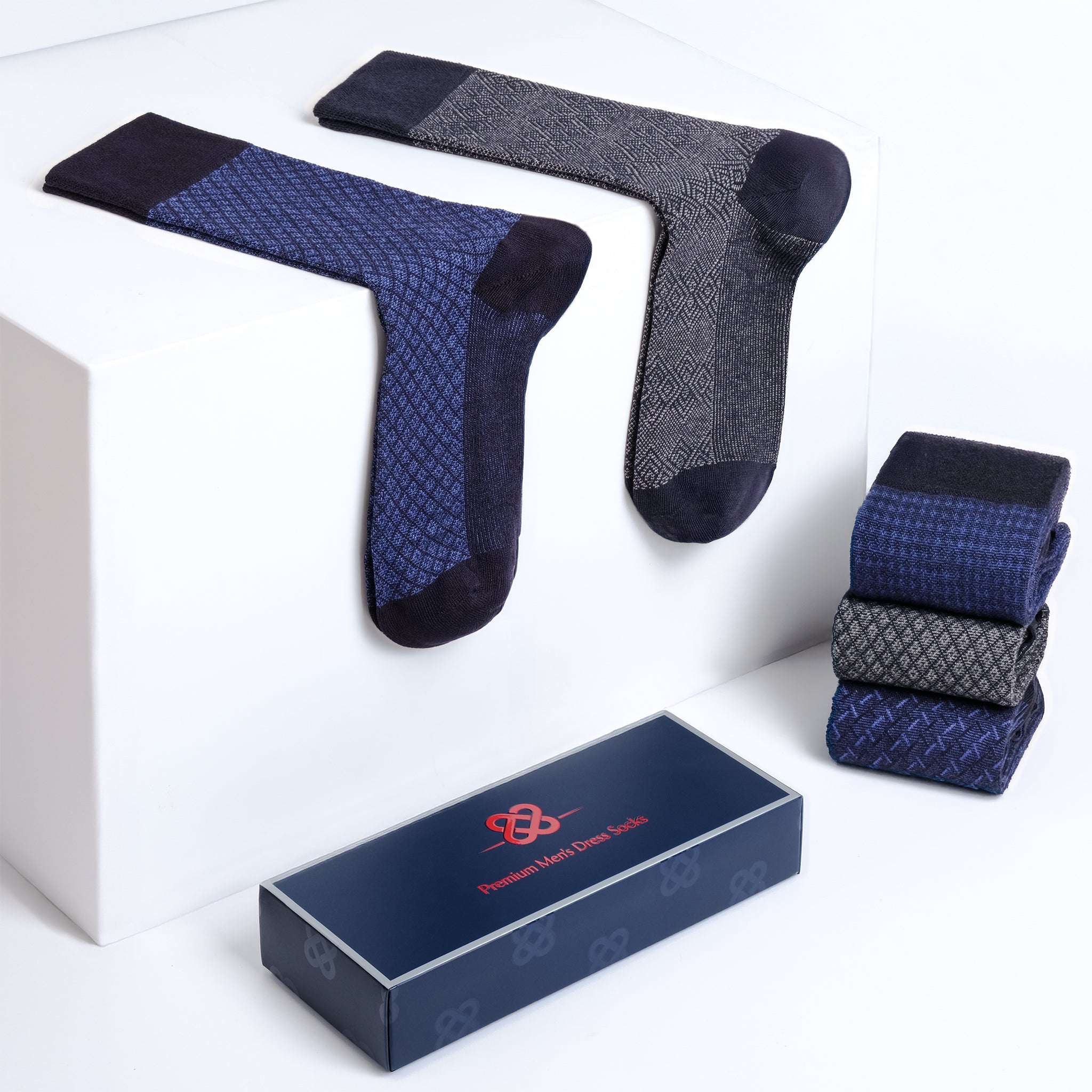 American-softlinen men’s luxury patterned crew dress socks in premium gift box organizer, 5 pack blue