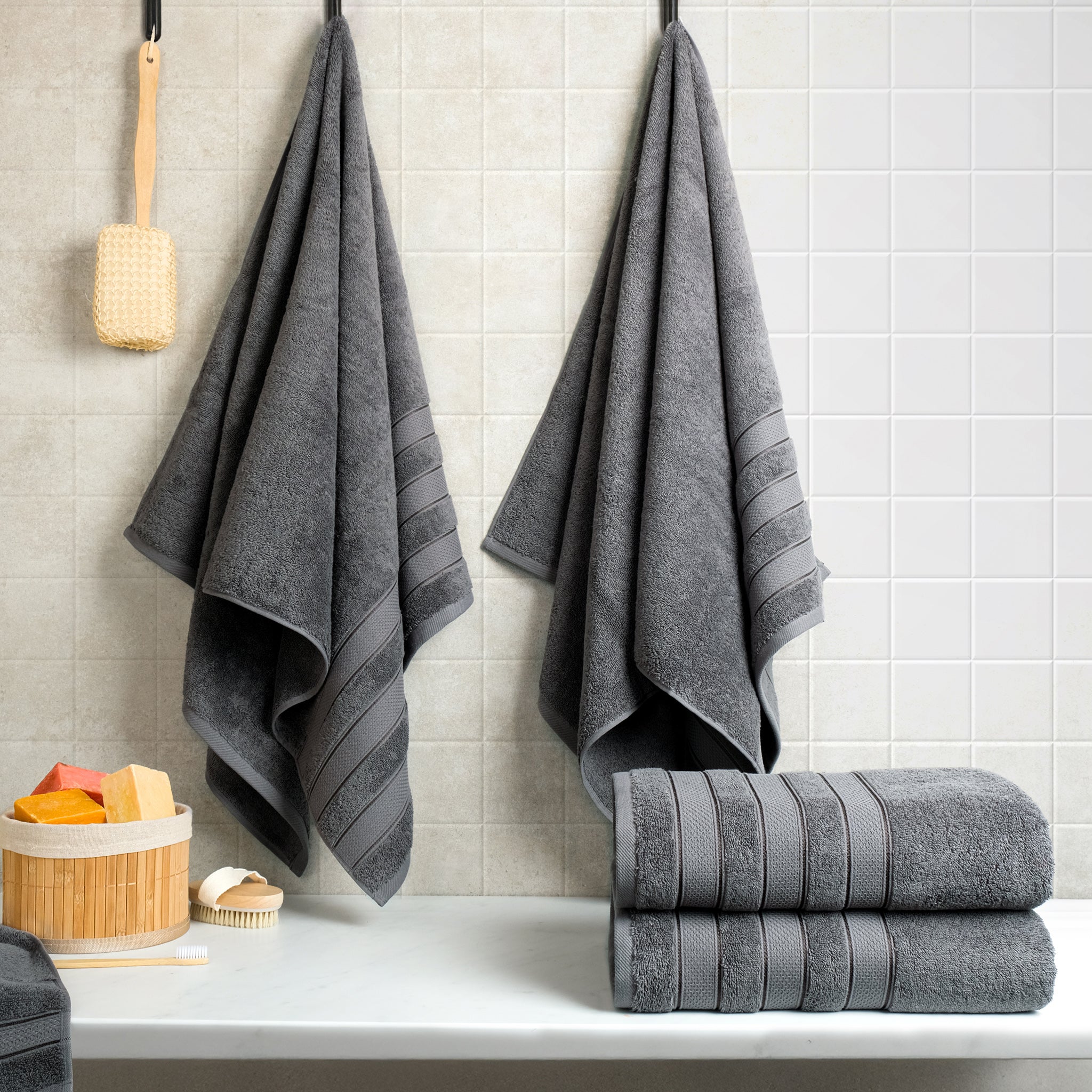 American-softlinen Salem 4-Piece Bath Towel Sets, 100% Cotton Luxury Turkish Towels, Super Soft Extra Large Bath Towels - Dark Gray 2