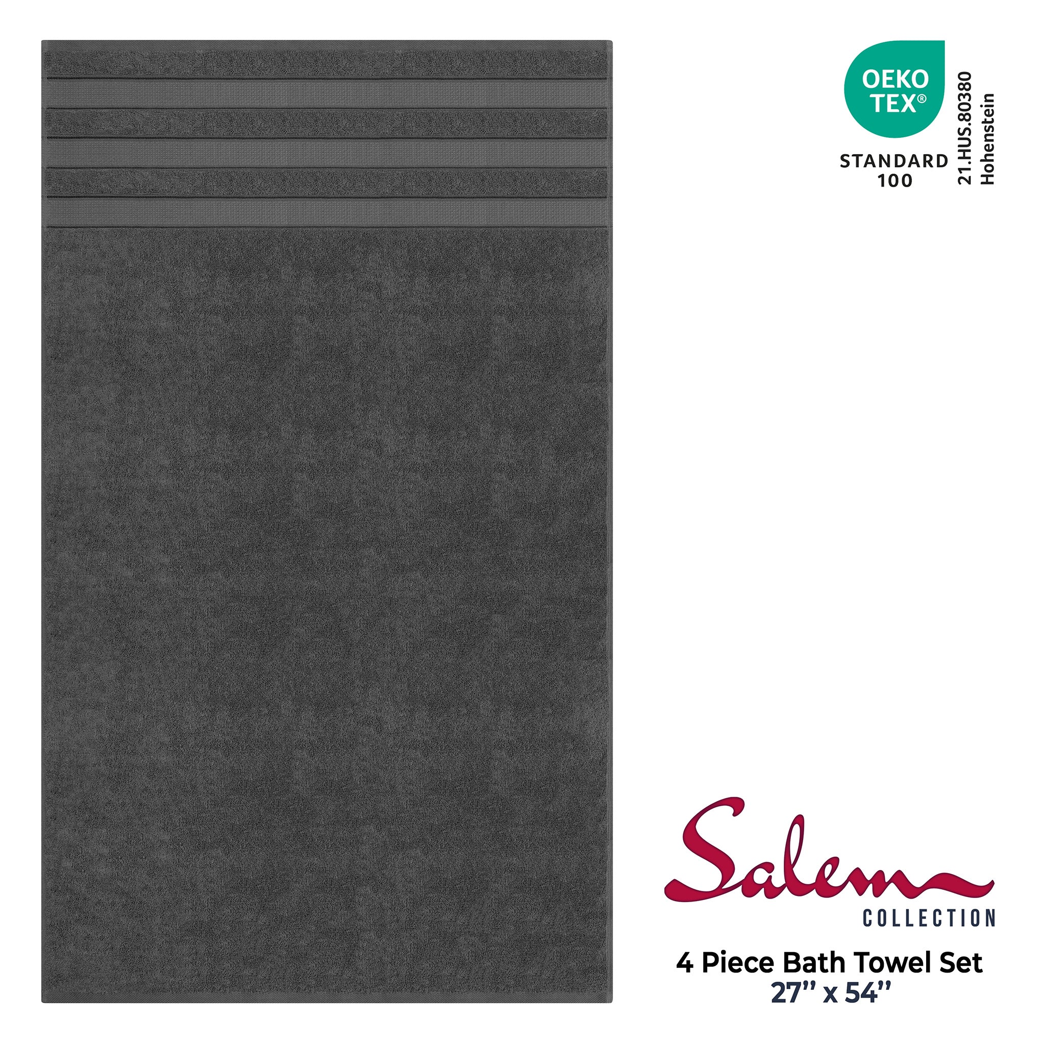 American-softlinen Salem 4-Piece Bath Towel Sets, 100% Cotton Luxury Turkish Towels, Super Soft Extra Large Bath Towels - Dark Gray 4