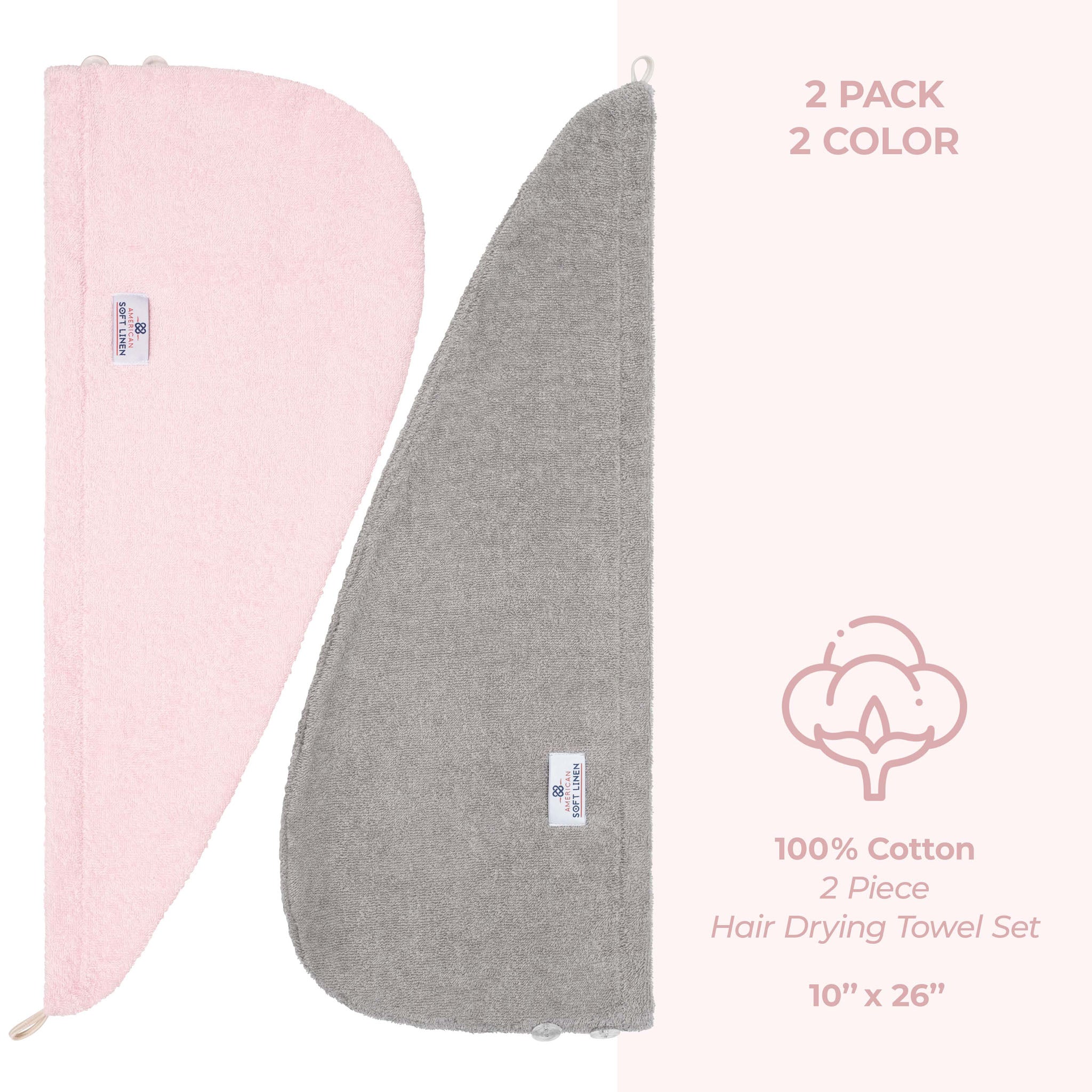 American-softlinen 100% Cotton Hair Drying Towels for Women 2 pack 75 set case pack pink-rockridge gray-5
