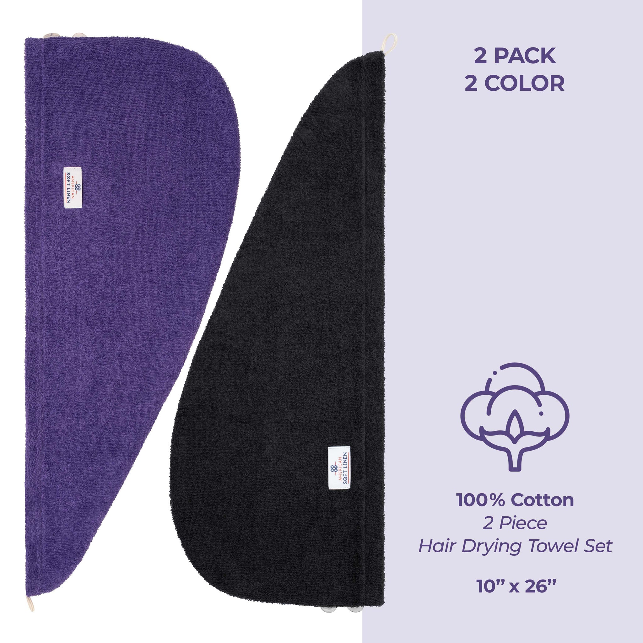 American-softlinen 100% Cotton Hair Drying Towels for Women 2 pack 75 set case pack purple-black-5