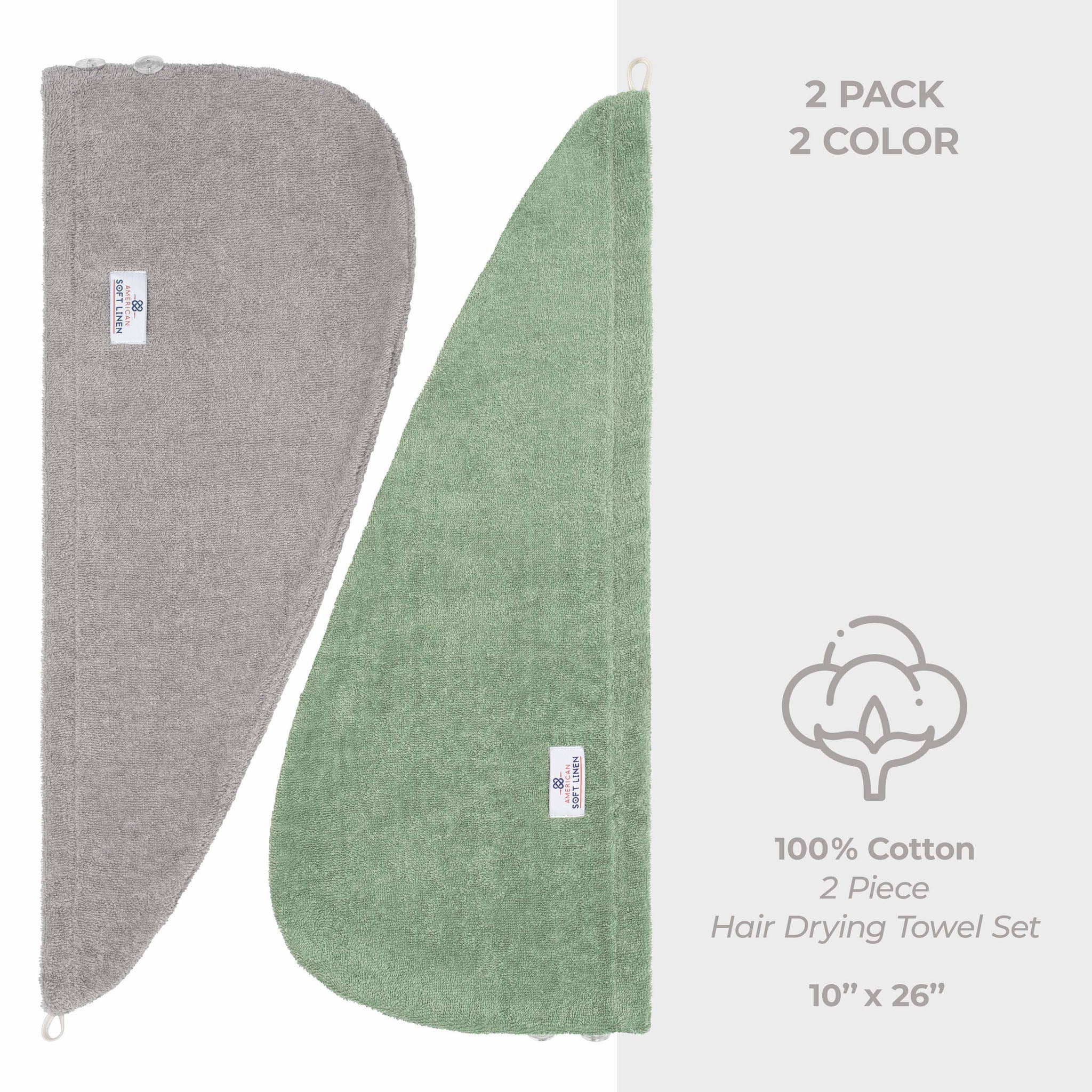 American-softlinen 100% Cotton Hair Drying Towels for Women 2 pack 75 set case pack rockridge-sage green-5