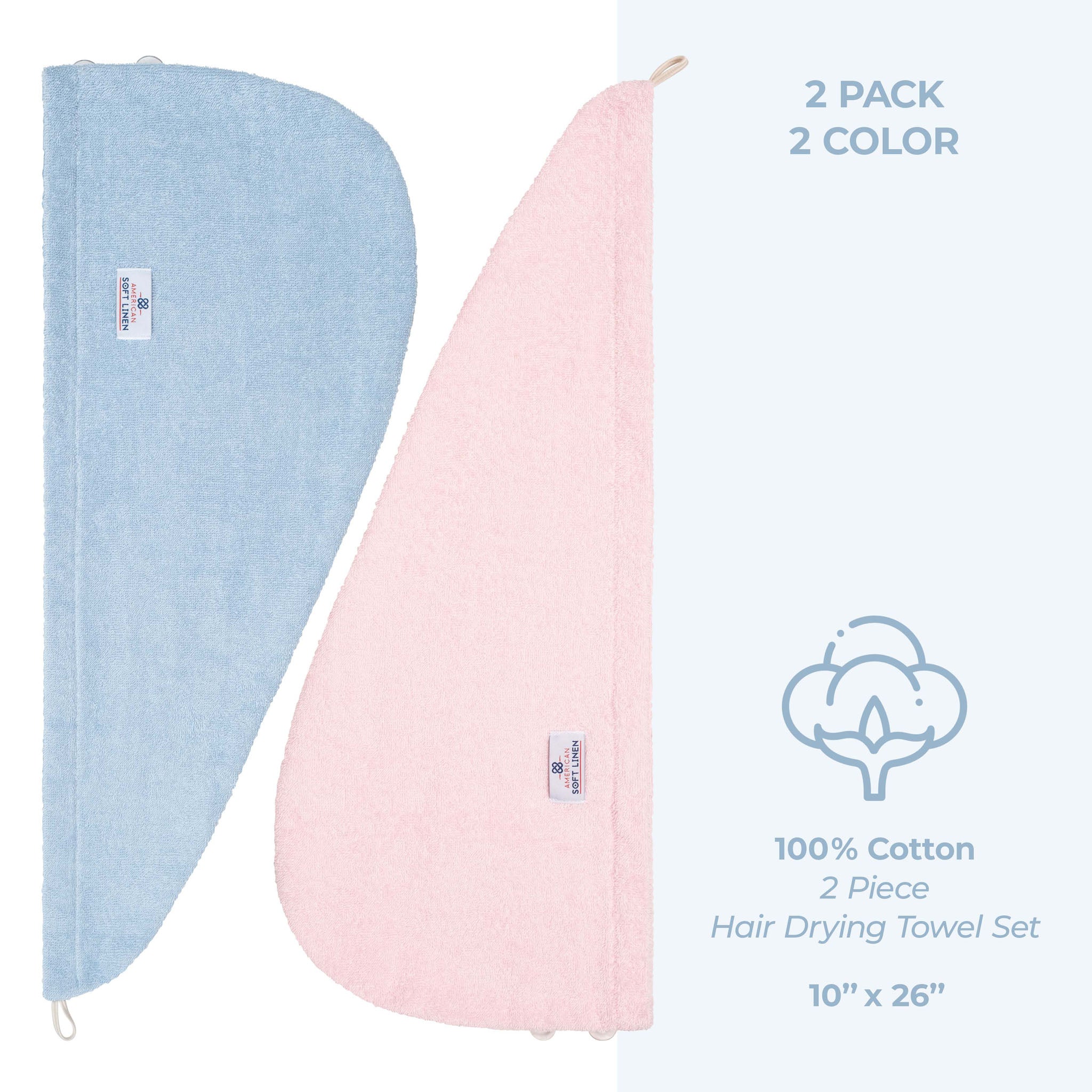 American-softlinen 100% Cotton Hair Drying Towels for Women 2 pack 75 set case pack sky blue-pink-5