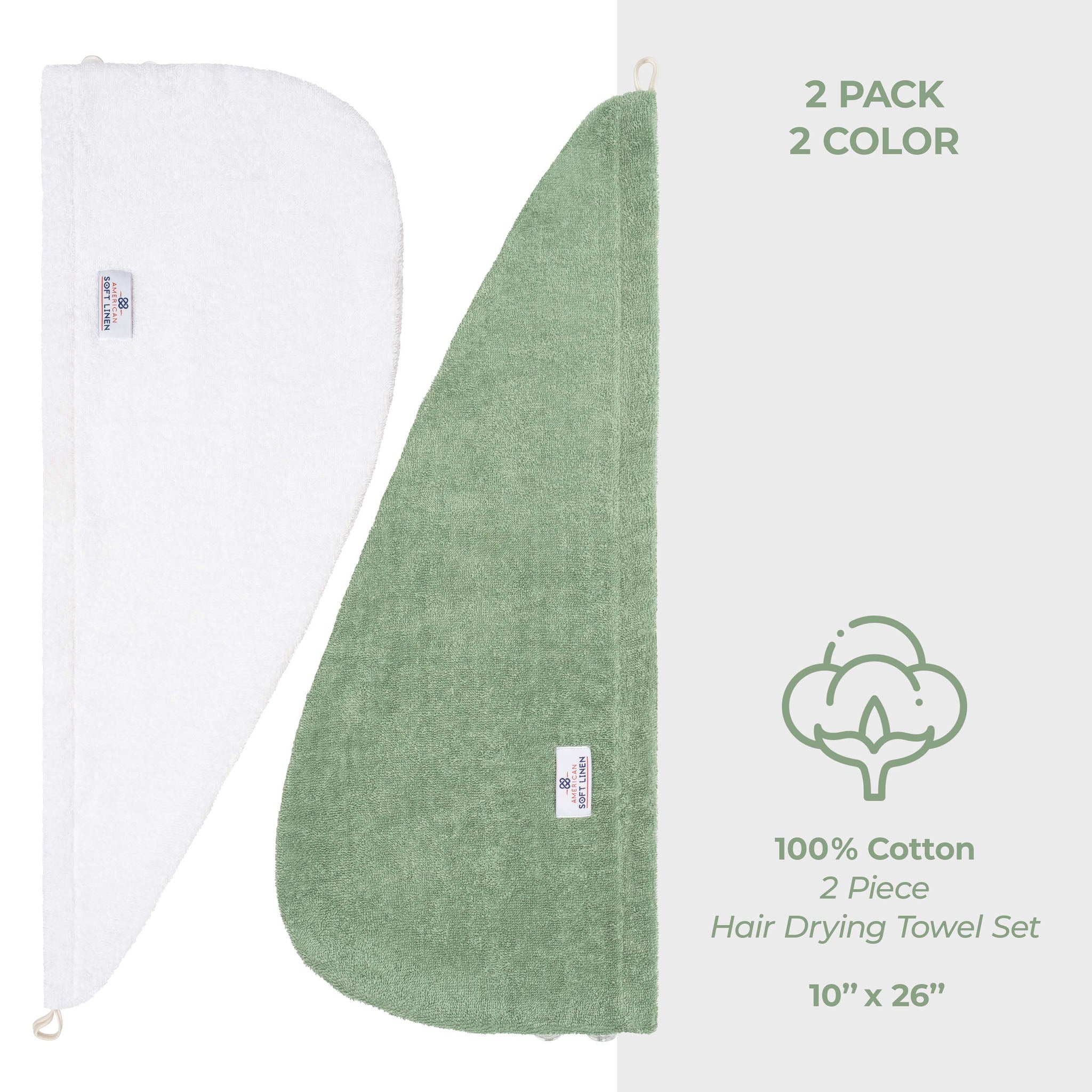 American-softlinen 100% Cotton Hair Drying Towels for Women 2 pack 75 set case pack white-sage green-5