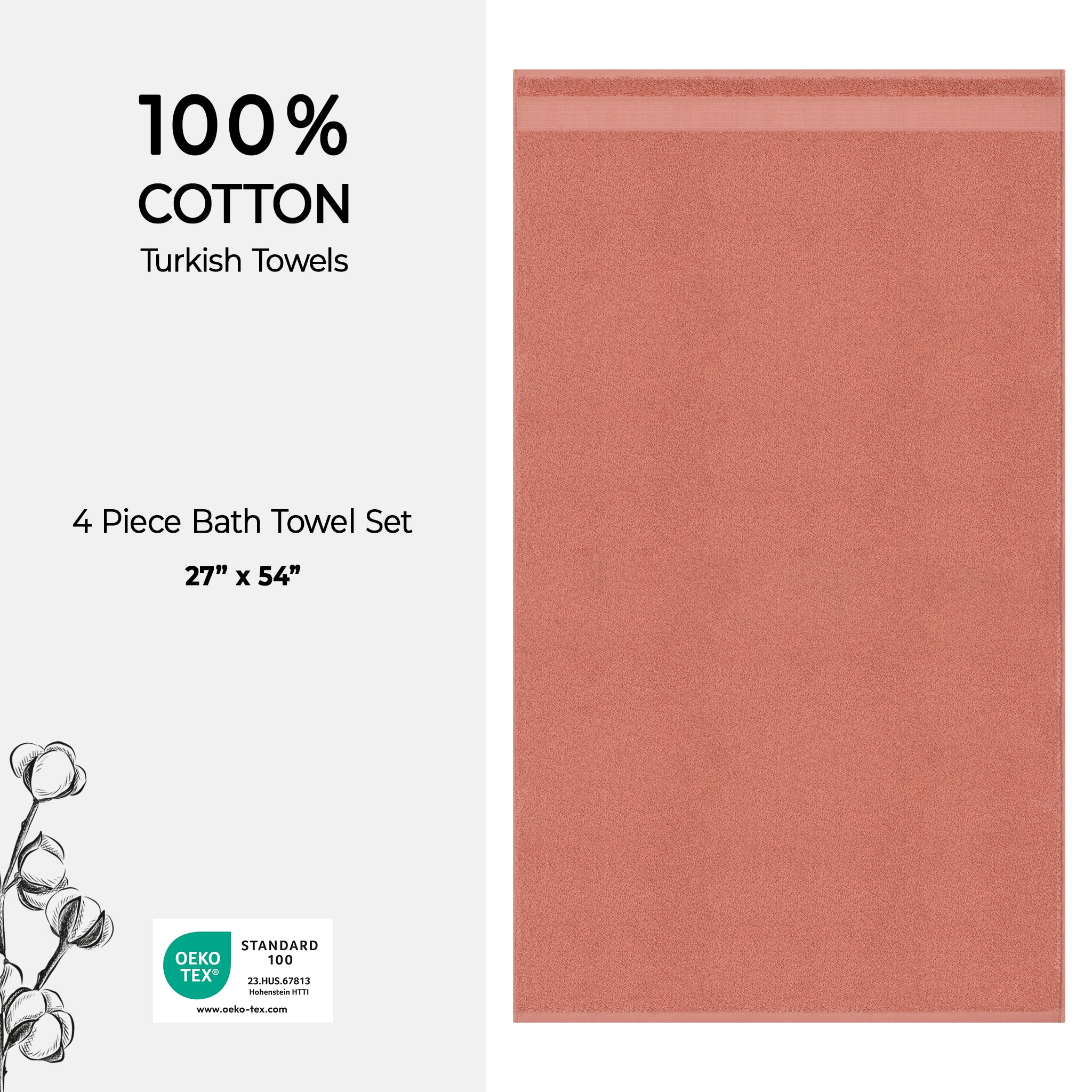 American-softlinen Bekos 100% Cotton Turkish Towels, 4 Piece Bath Towel Set -coral-04