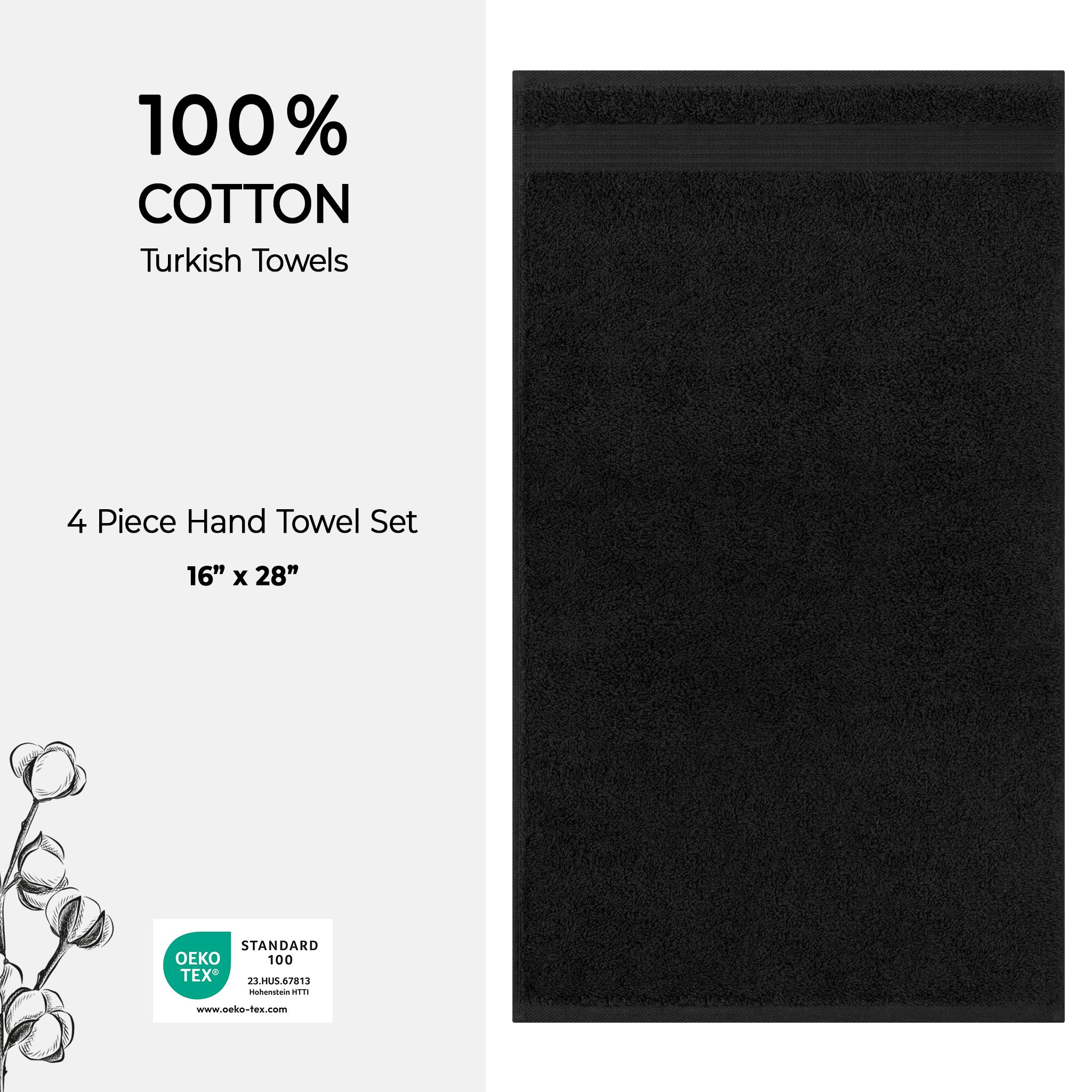 American-softlinen Bekos 100% Cotton Turkish Towels, 4 Piece Hand Towel Set -black-04