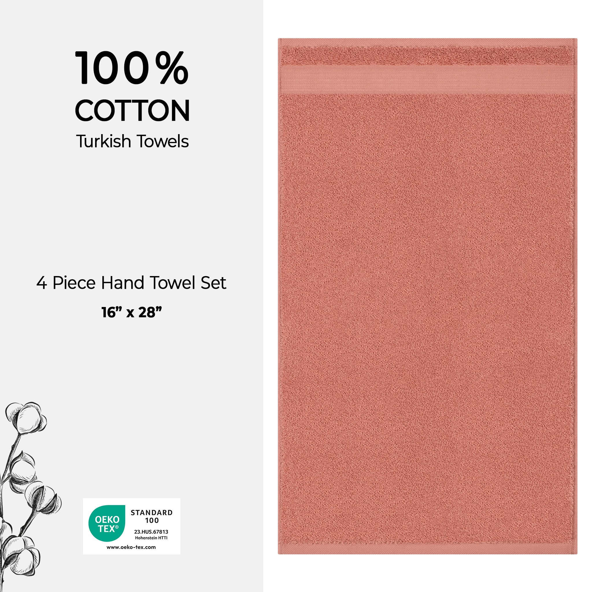 American-softlinen Bekos 100% Cotton Turkish Towels, 4 Piece Hand Towel Set -coral-04