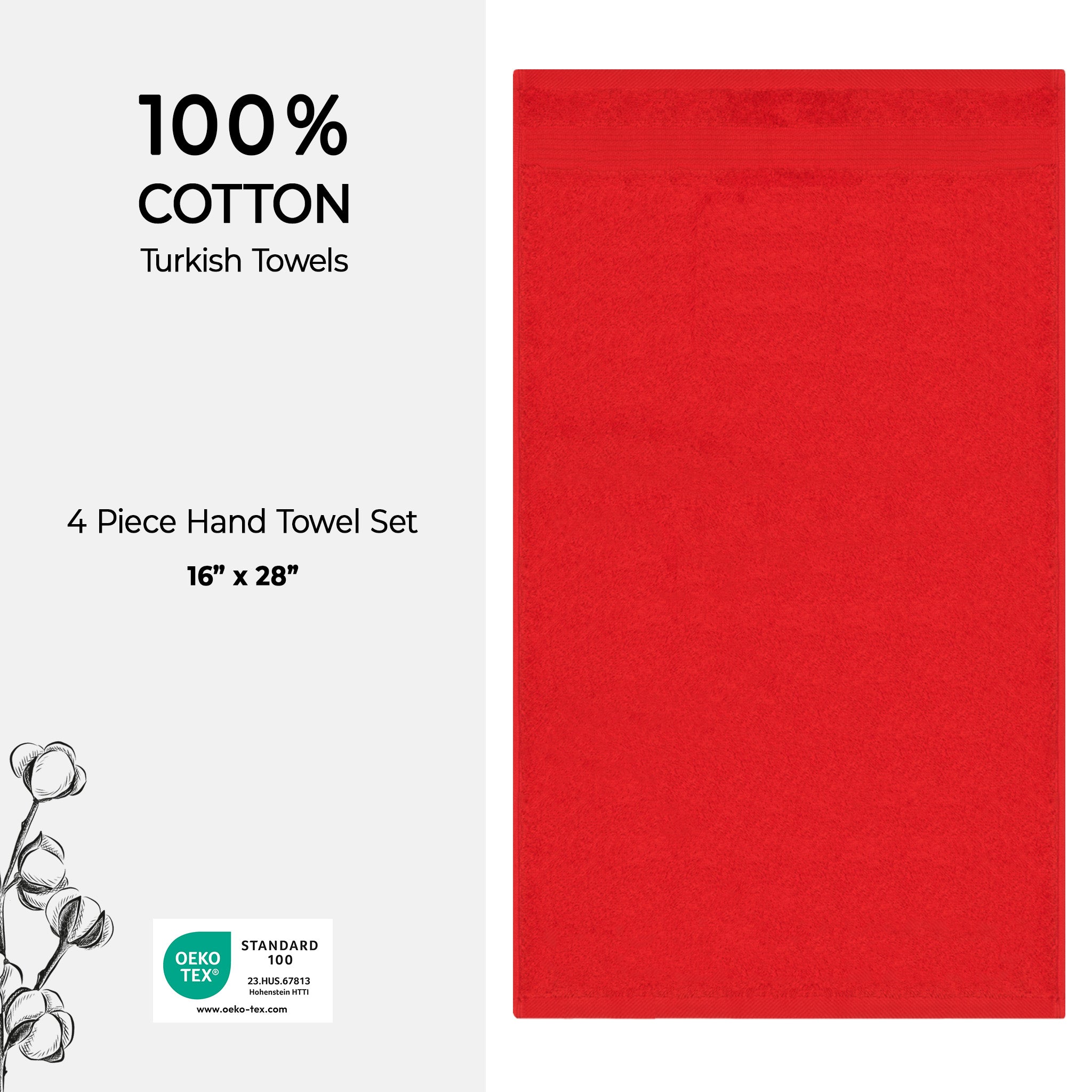 American-softlinen Bekos 100% Cotton Turkish Towels, 4 Piece Hand Towel Set -red-04