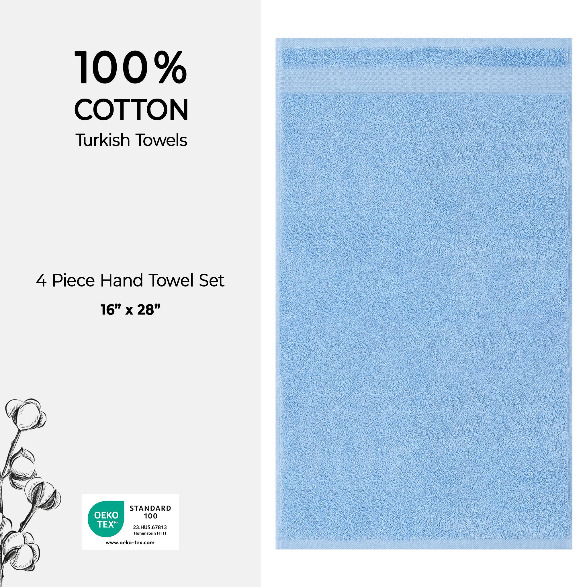 American-softlinen Bekos 100% Cotton Turkish Towels, 4 Piece Hand Towel Set -sky-blue-04