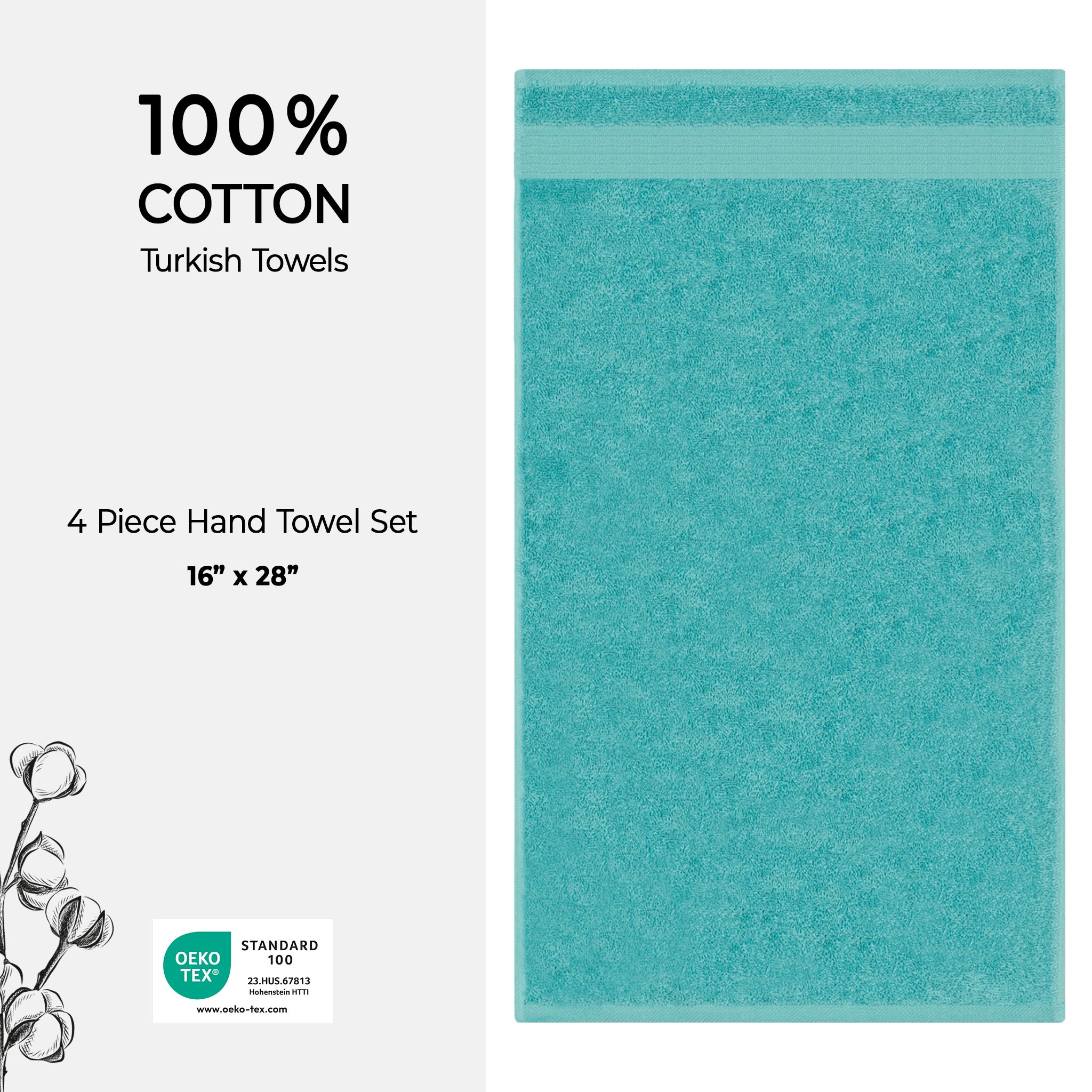 American-softlinen Bekos 100% Cotton Turkish Towels, 4 Piece Hand Towel Set -turquoise-blue-04