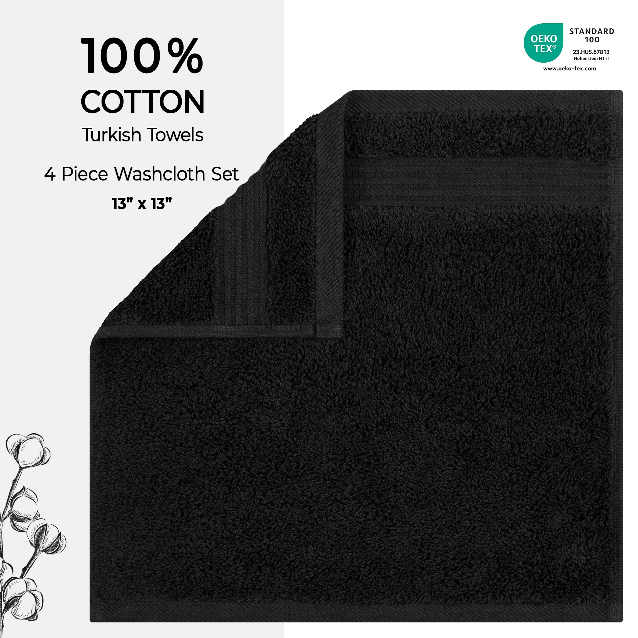 American-softlinen Bekos 100% Cotton Turkish Towels, 4 Piece Washcloth Towel Set -black-02