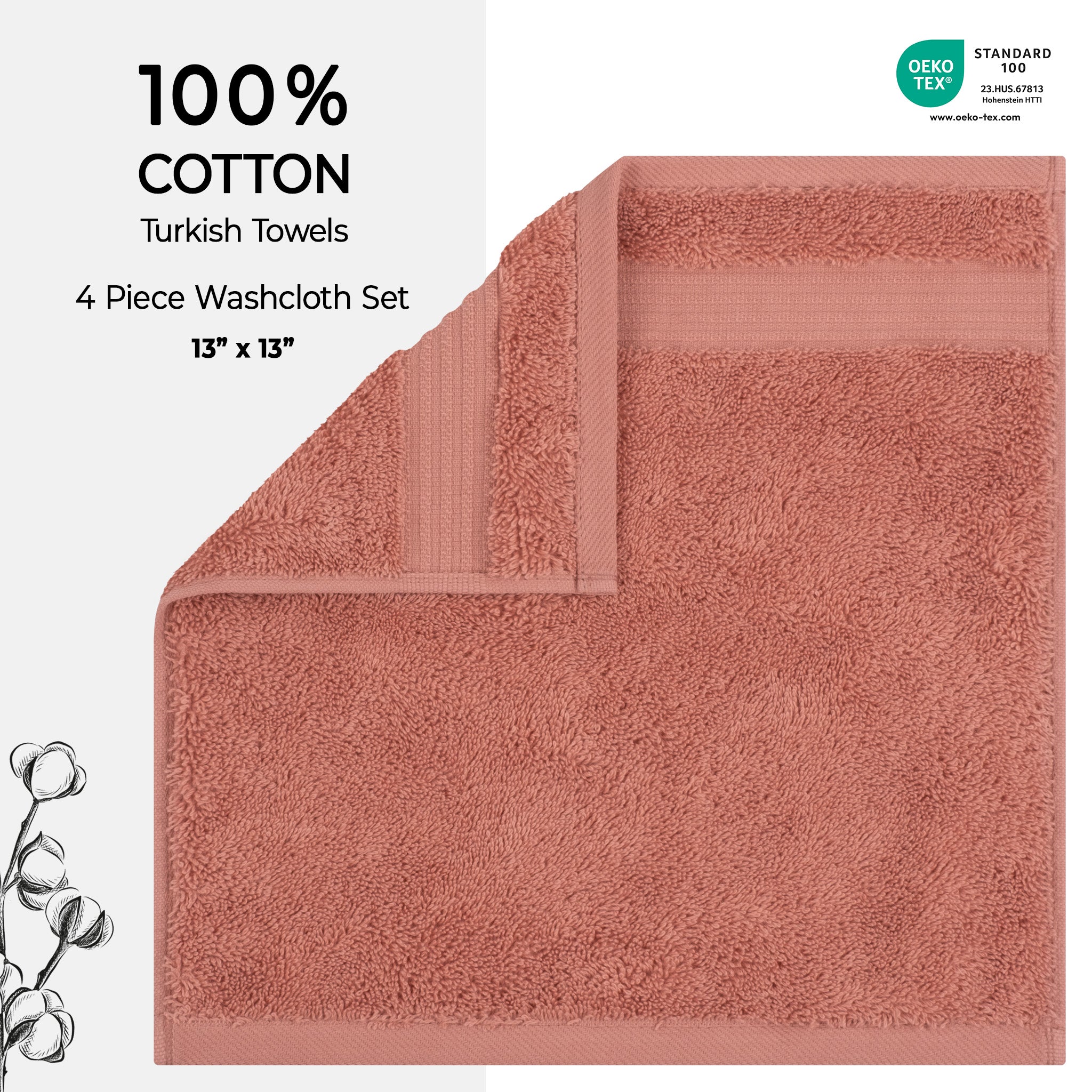 American-softlinen Bekos 100% Cotton Turkish Towels, 4 Piece Washcloth Towel Set -coral-02