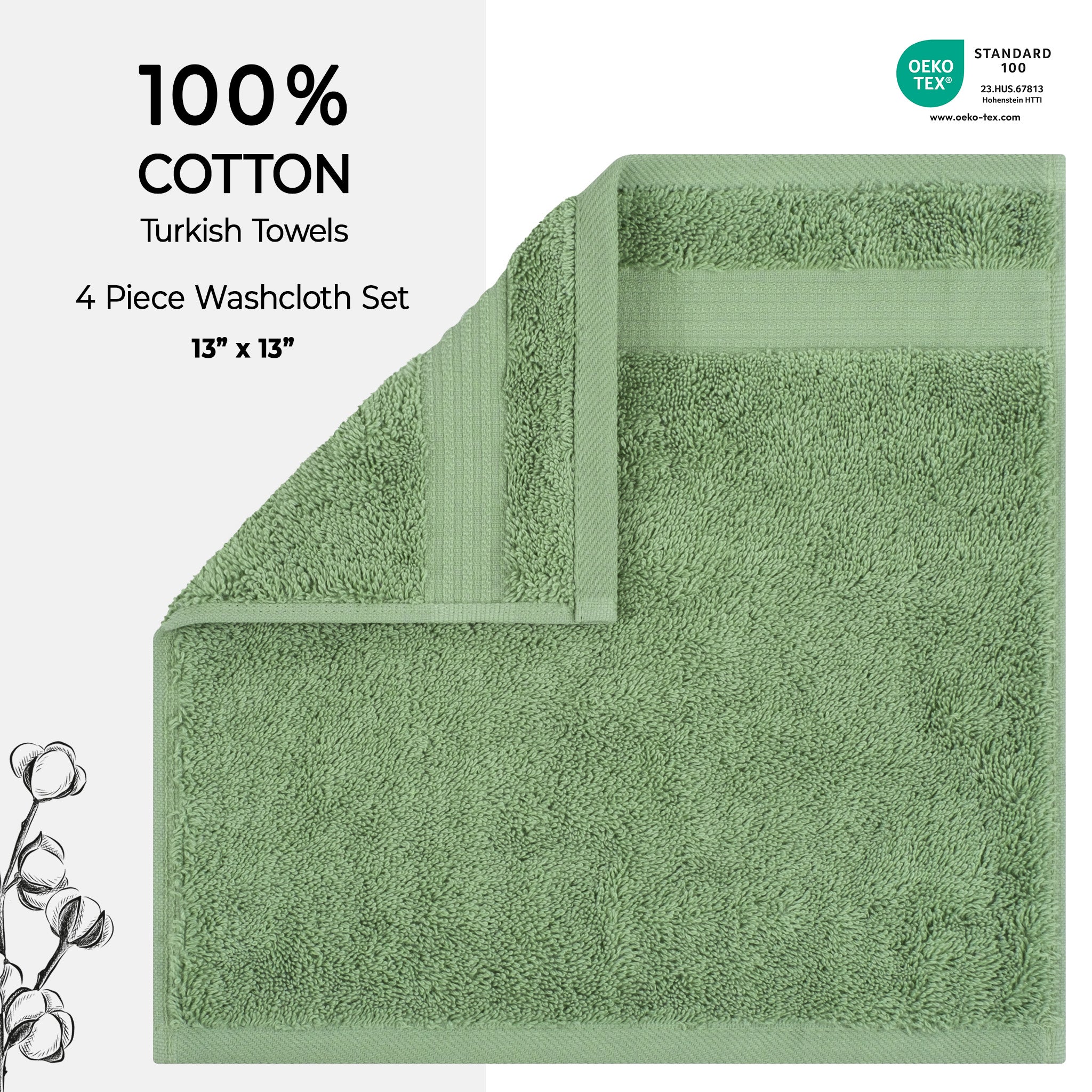 American-softlinen Bekos 100% Cotton Turkish Towels, 4 Piece Washcloth Towel Set -sage-green-02