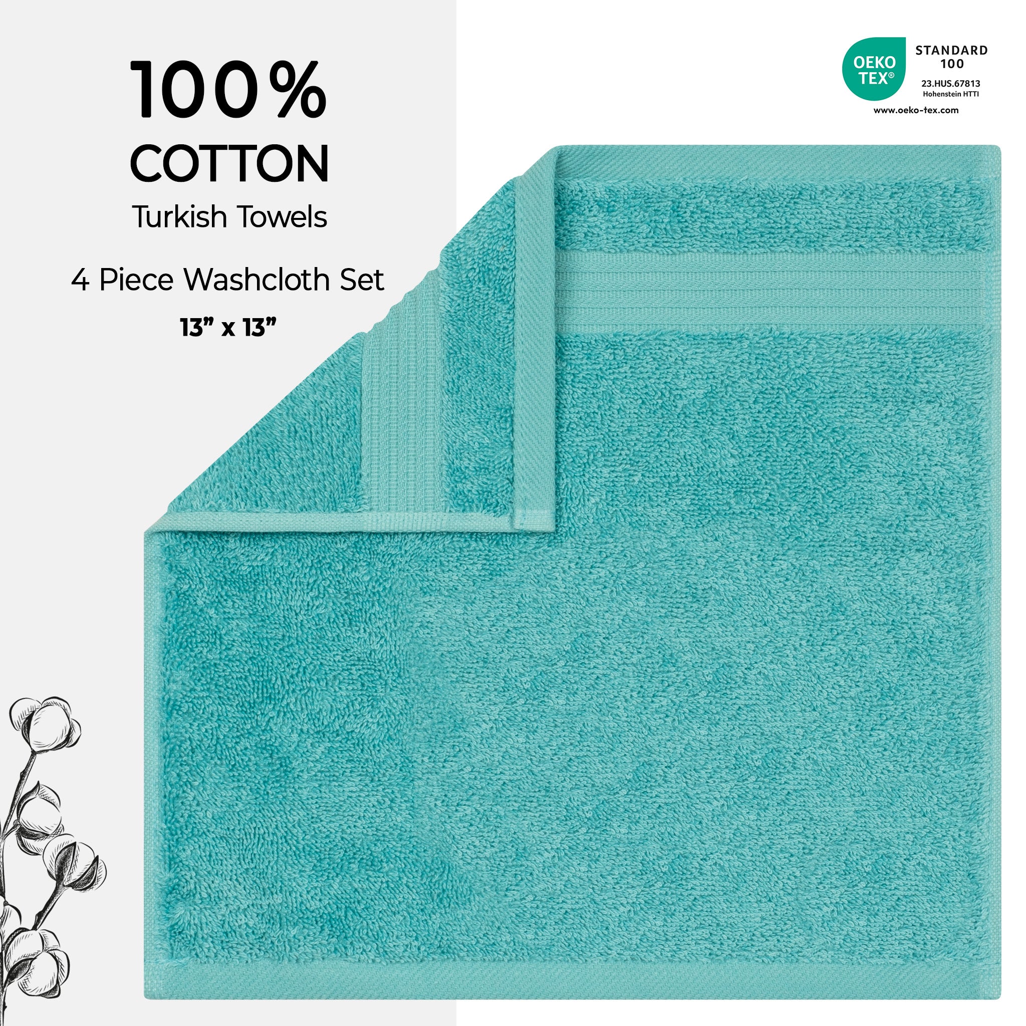 American-softlinen Bekos 100% Cotton Turkish Towels, 4 Piece Washcloth Towel Set -turquoise-blue-02