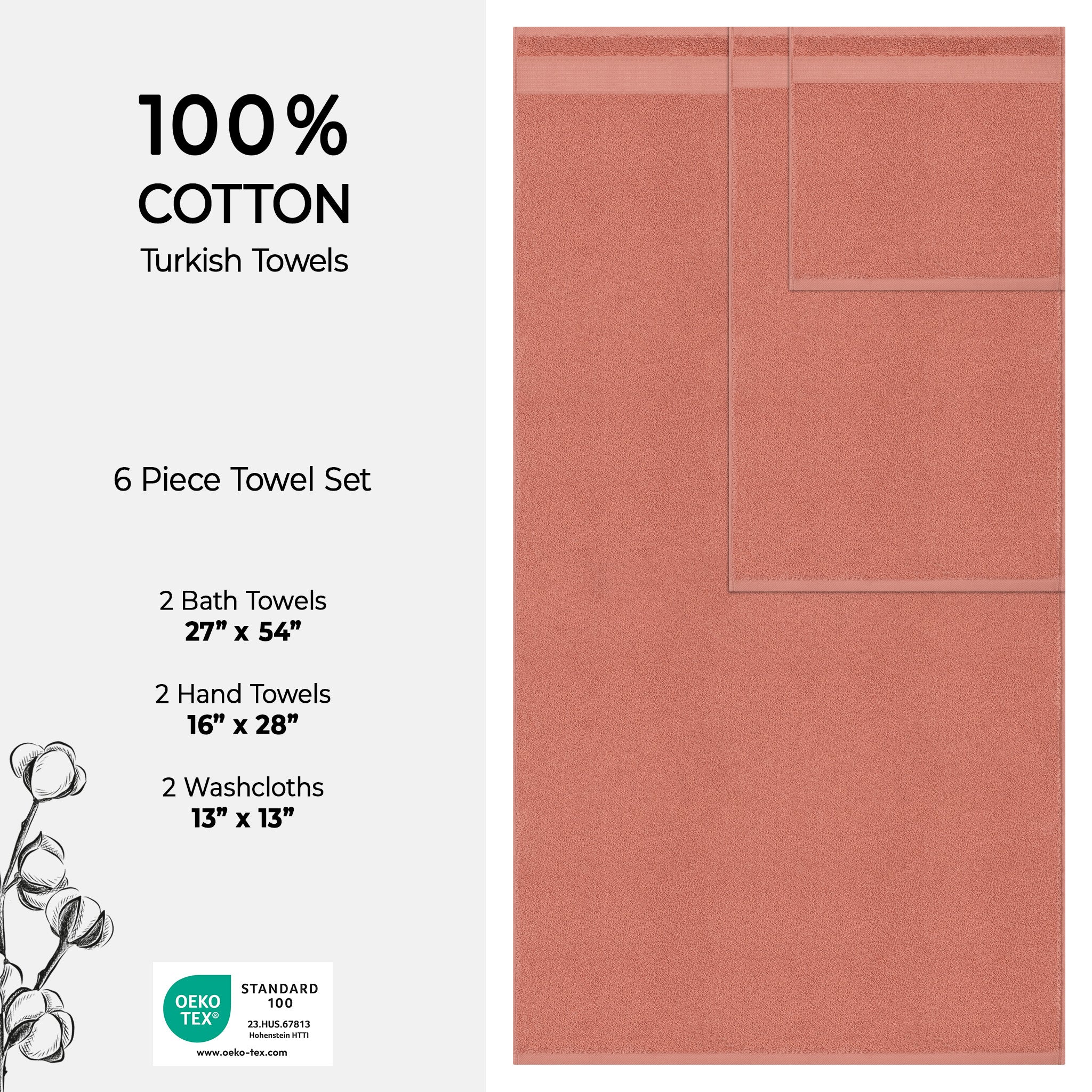 American-softlinen Bekos 100% Cotton Turkish Towels 6 Piece Bath Towel Set -coral-04