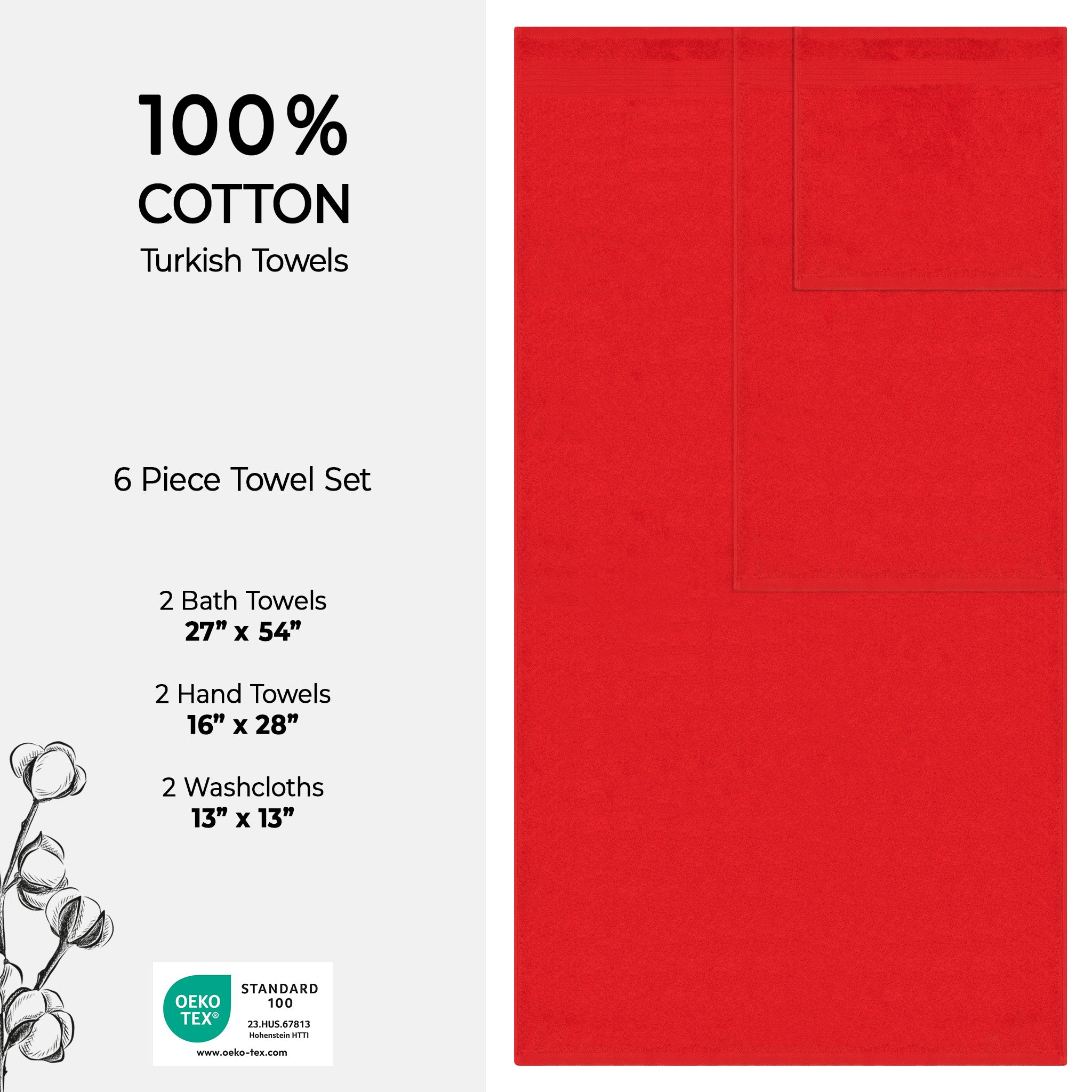 American-softlinen Bekos 100% Cotton Turkish Towels 6 Piece Bath Towel Set -red-04