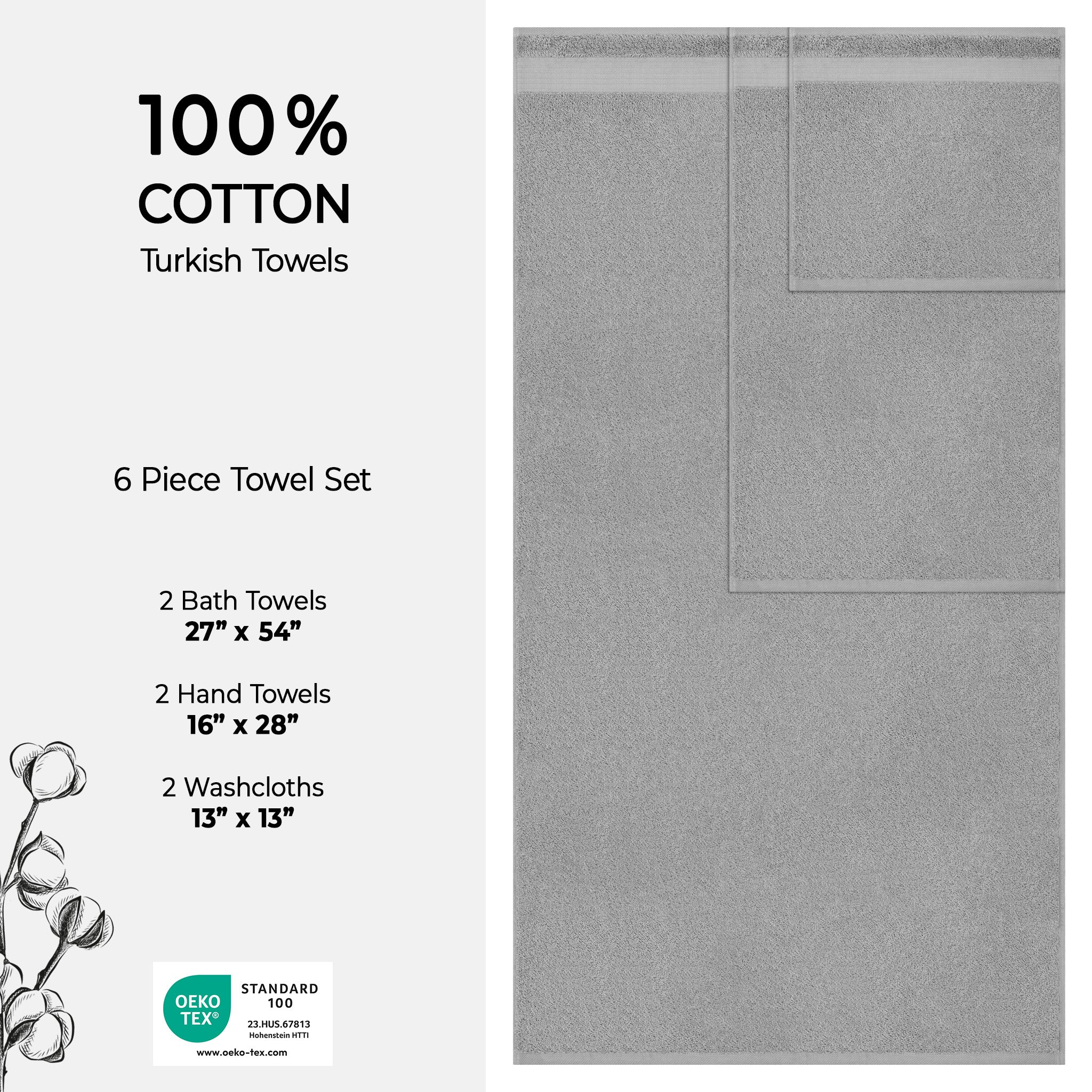 American-softlinen Bekos 100% Cotton Turkish Towels 6 Piece Bath Towel Set -rockridge-gray-4