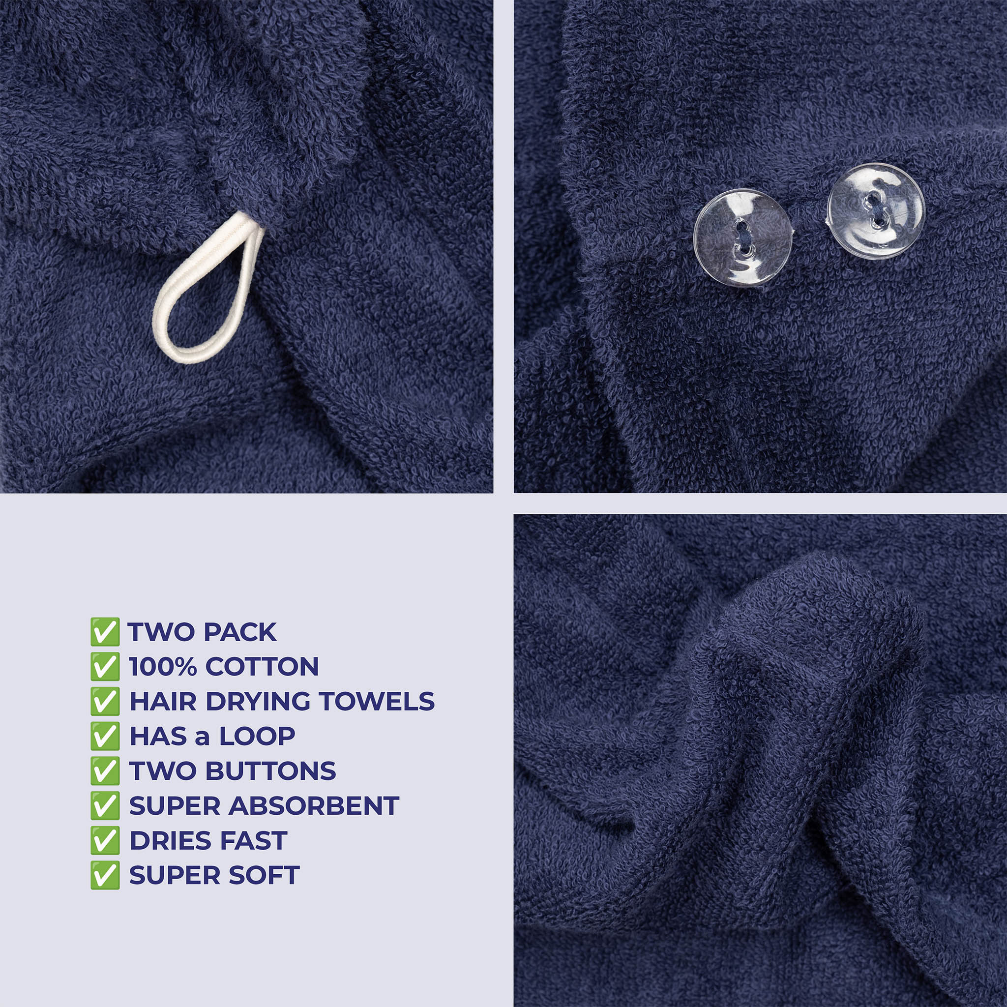 American-softlinen 100% Cotton Hair Drying Towels for Women 2 pack 75 set case pack navy blue-5