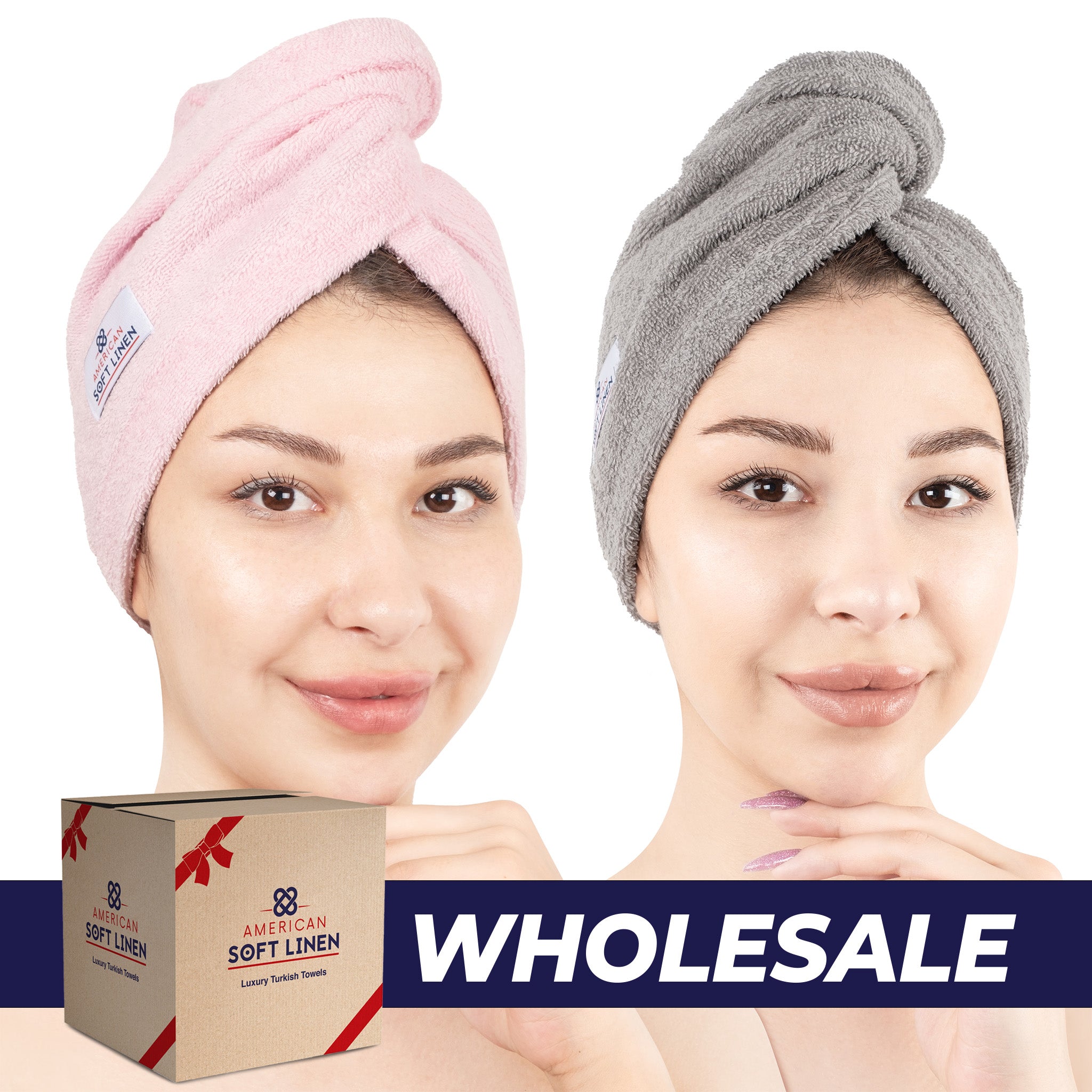 American-softlinen 100% Cotton Hair Drying Towels for Women 2 pack 75 set case pack pink-rockridge gray-0