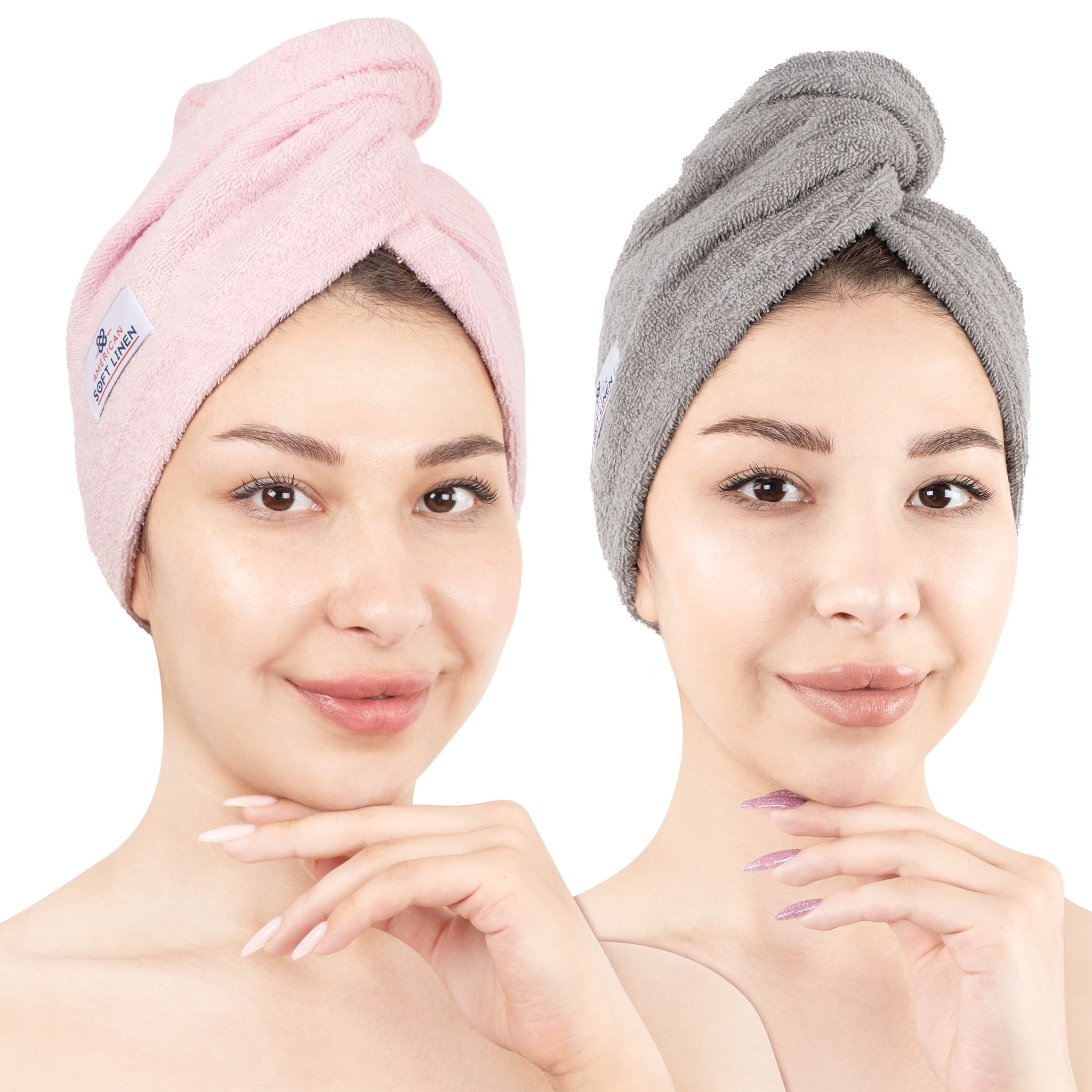 American-softlinen 100% Cotton Hair Drying Towels for Women 2 pack 75 set case pack pink-rockridge gray-1