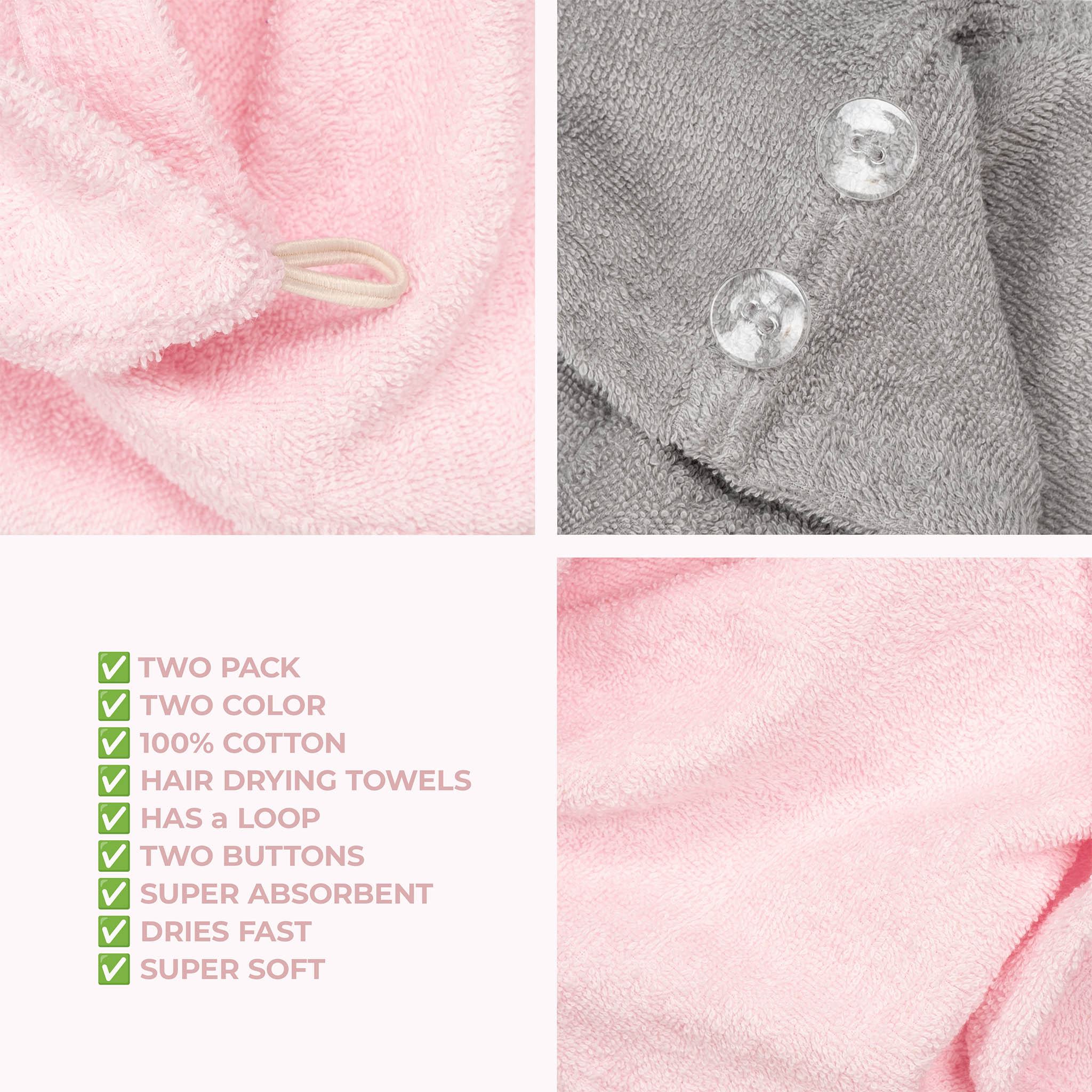 American-softlinen 100% Cotton Hair Drying Towels for Women 2 pack 75 set case pack pink-rockridge gray-6
