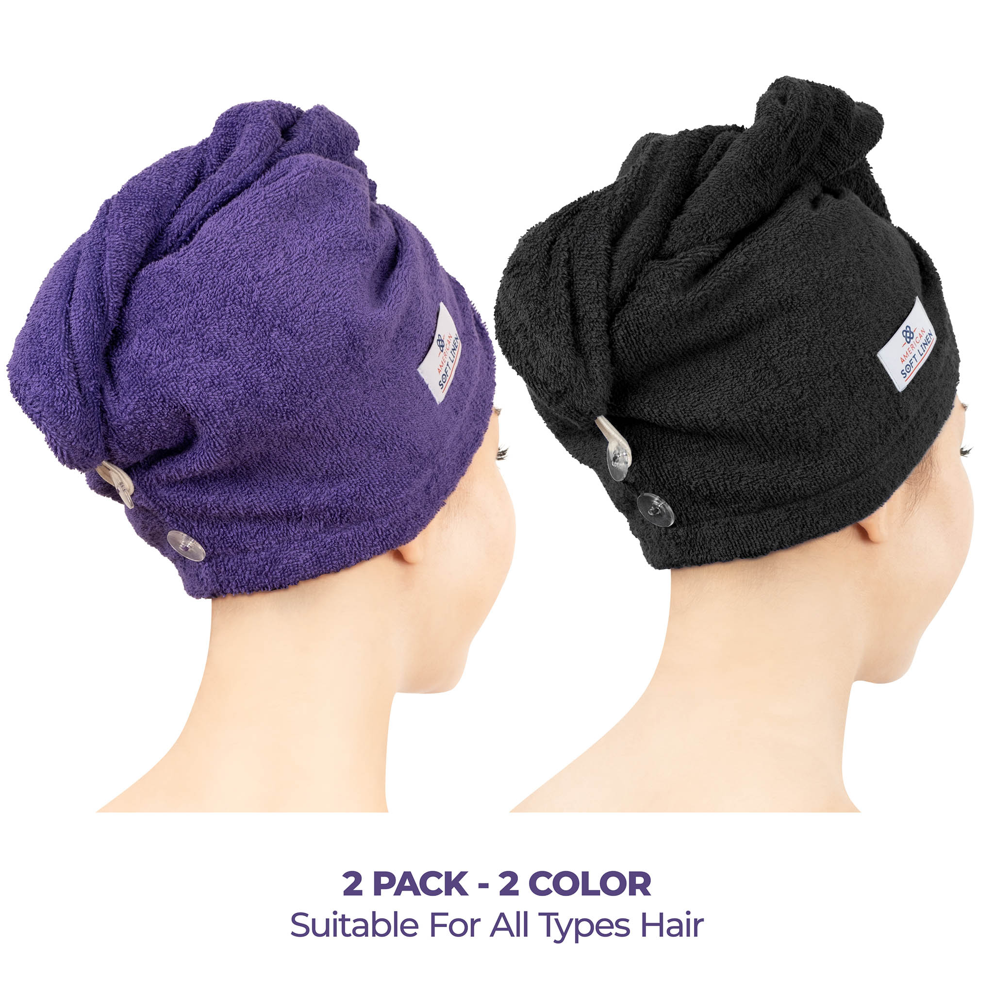 American-softlinen 100% Cotton Hair Drying Towels for Women 2 pack 75 set case pack purple-black-2