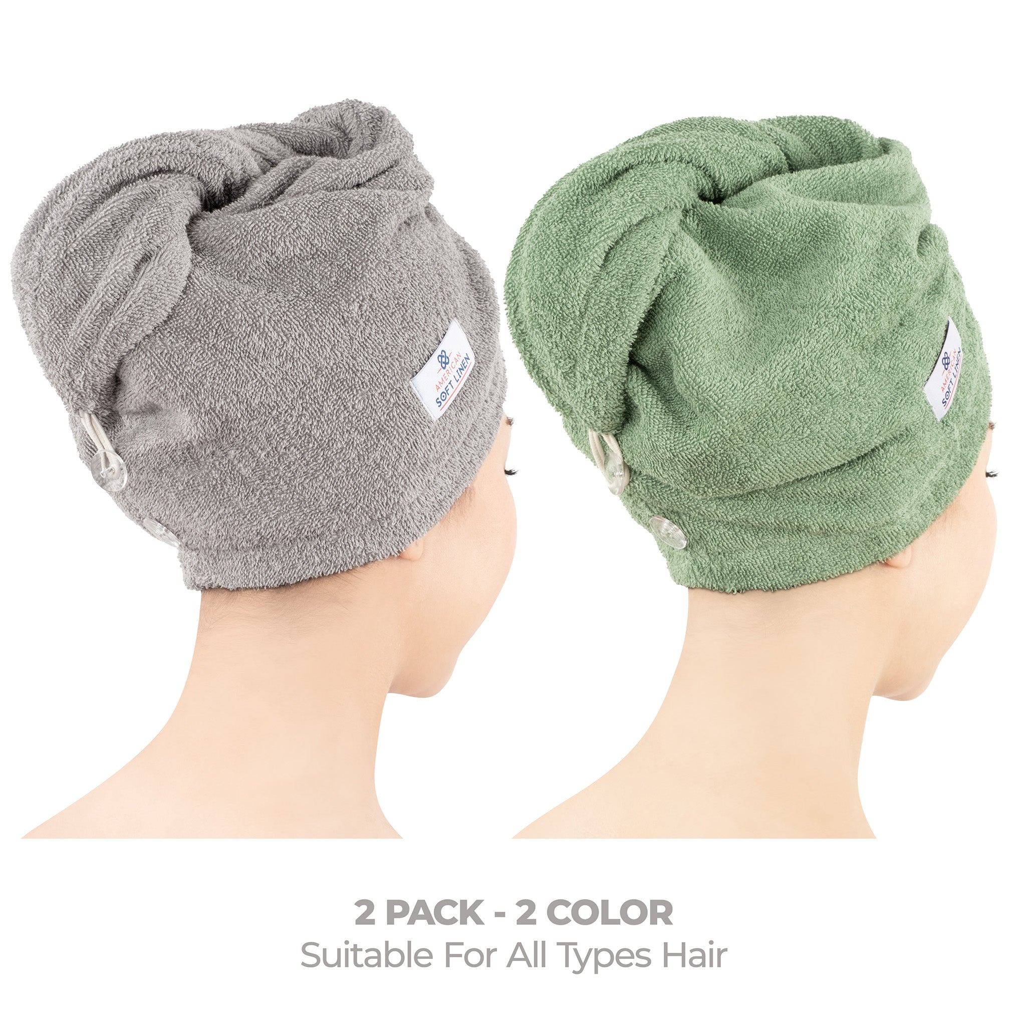 American-softlinen 100% Cotton Hair Drying Towels for Women 2 pack 75 set case pack rockridge-sage green-2
