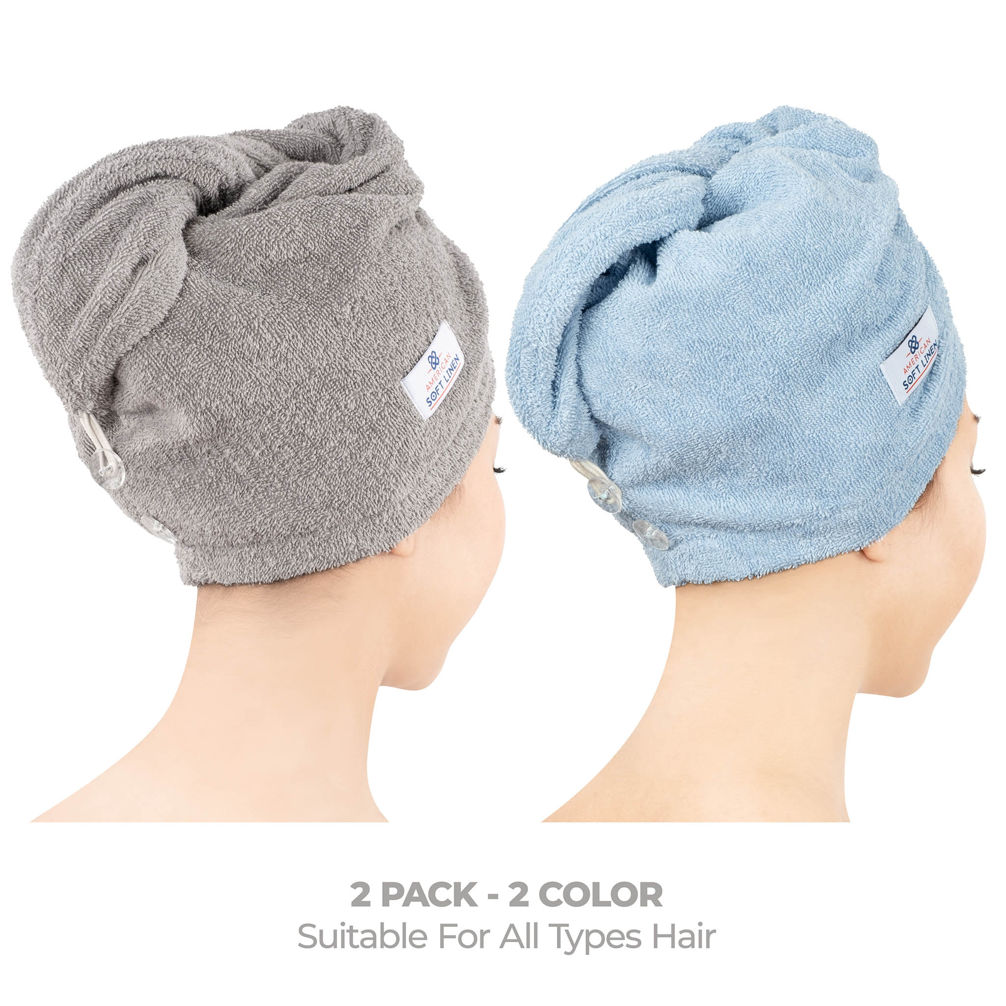 American-softlinen 100% Cotton Hair Drying Towels for Women 2 pack 75 set case pack rockridge-sky blue-2