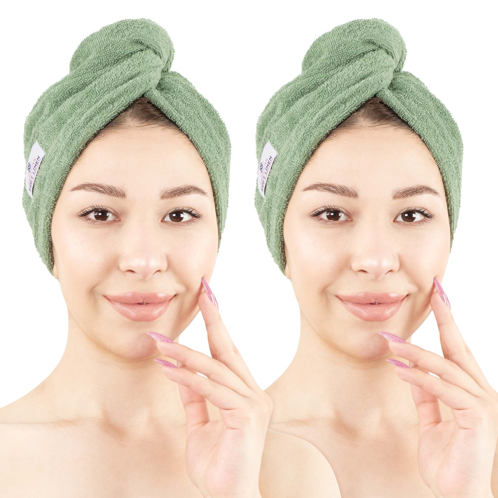 American-softlinen 100% Cotton Hair Drying Towels for Women 2 pack 75 set case pack sage-green-1
