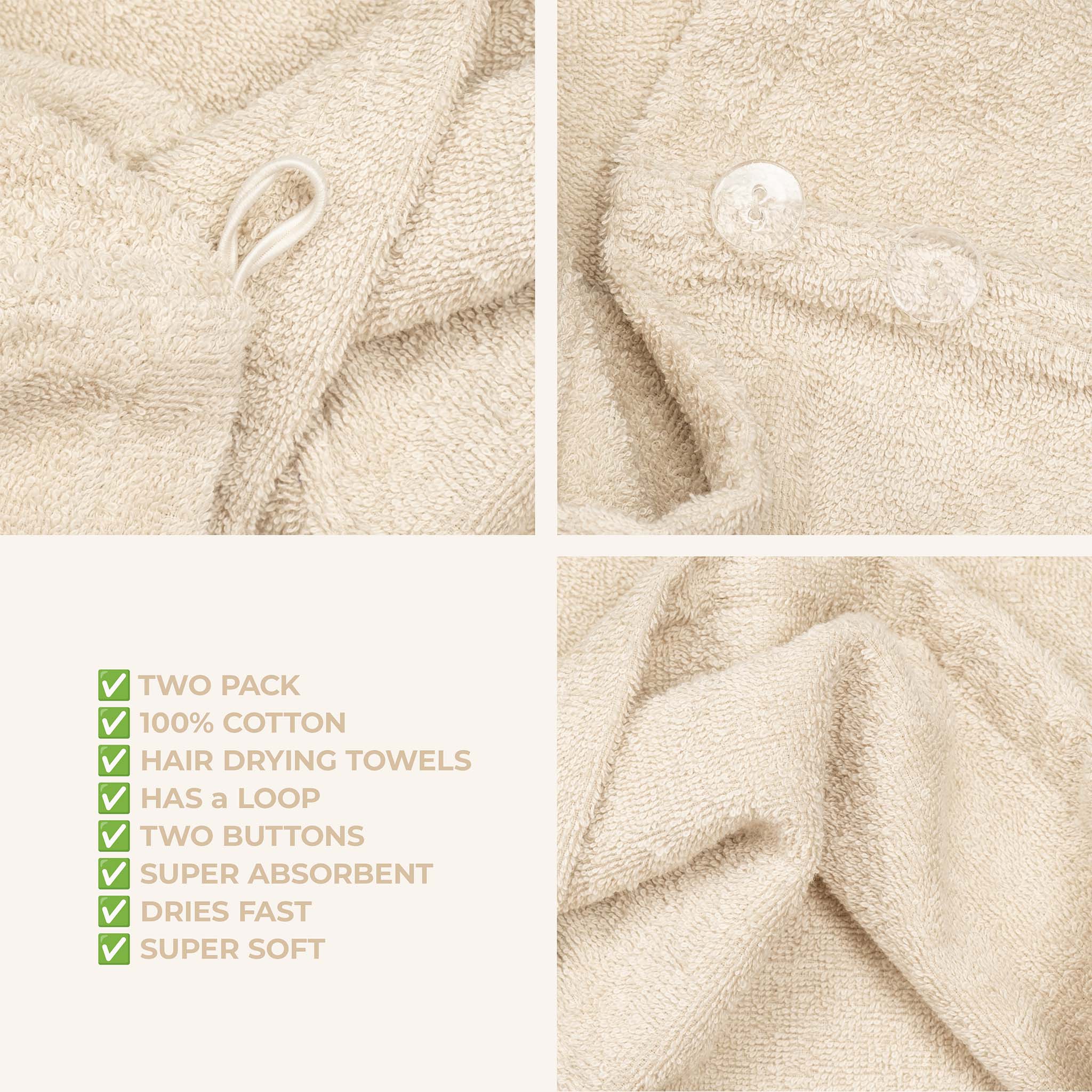 American-softlinen 100% Cotton Hair Drying Towels for Women 2 pack 75 set case pack sand-taupe-5