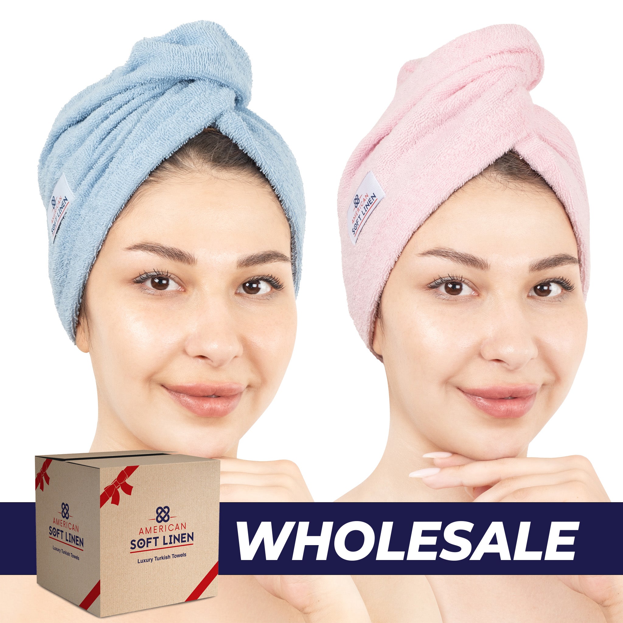 American-softlinen 100% Cotton Hair Drying Towels for Women 2 pack 75 set case pack sky blue-pink-0