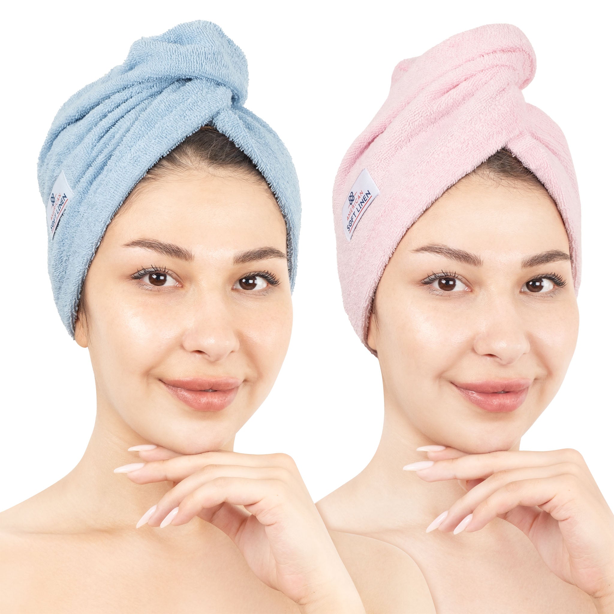 American-softlinen 100% Cotton Hair Drying Towels for Women 2 pack 75 set case pack sky blue-pink-1